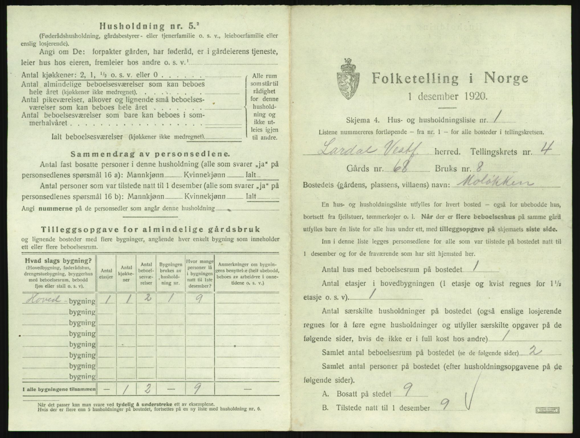 SAKO, 1920 census for Lardal, 1920, p. 509