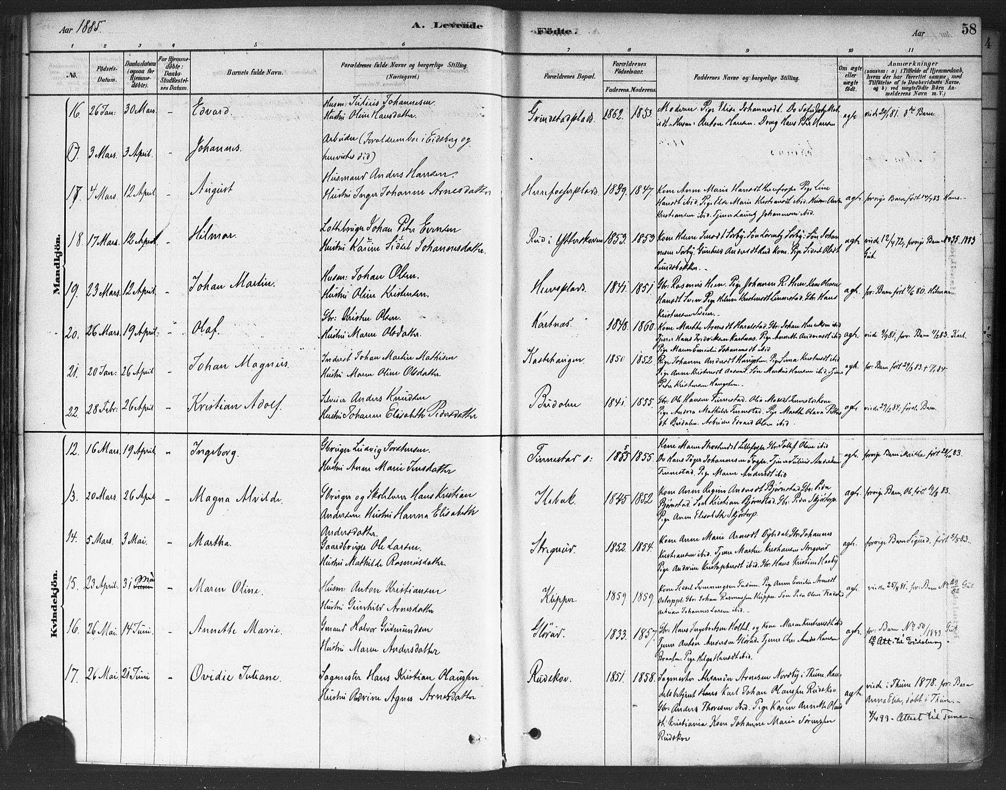 Rakkestad prestekontor Kirkebøker, AV/SAO-A-2008/F/Fa/L0012: Parish register (official) no. I 12, 1878-1893, p. 58