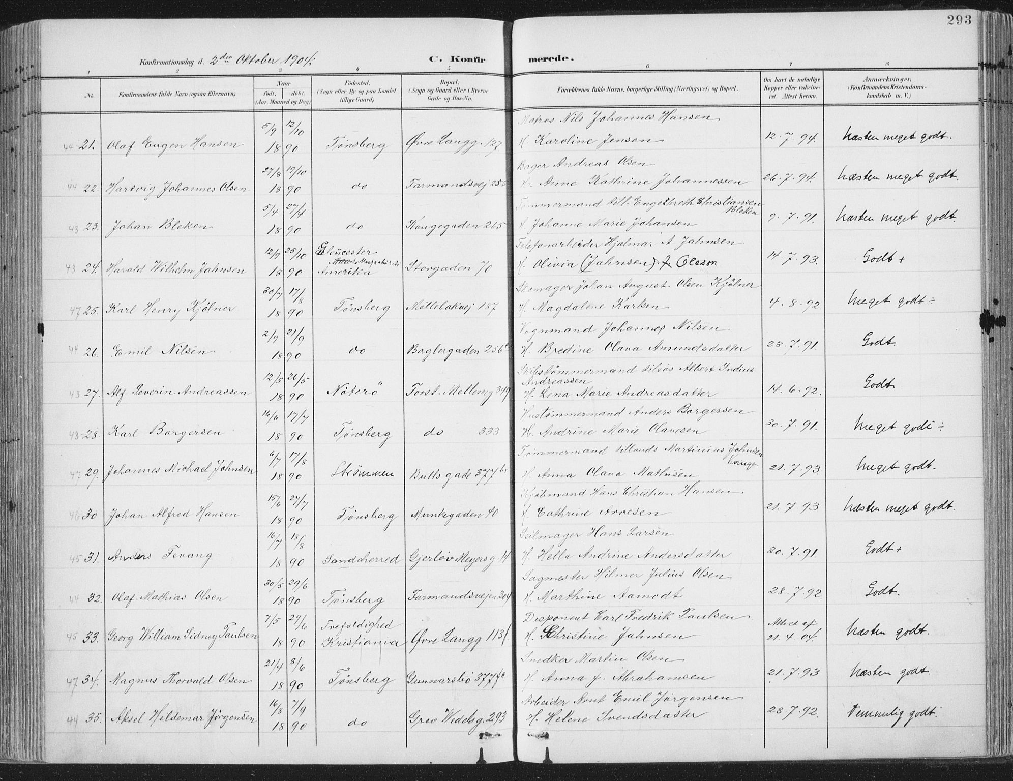 Tønsberg kirkebøker, SAKO/A-330/F/Fa/L0014: Parish register (official) no. I 14, 1900-1913, p. 293
