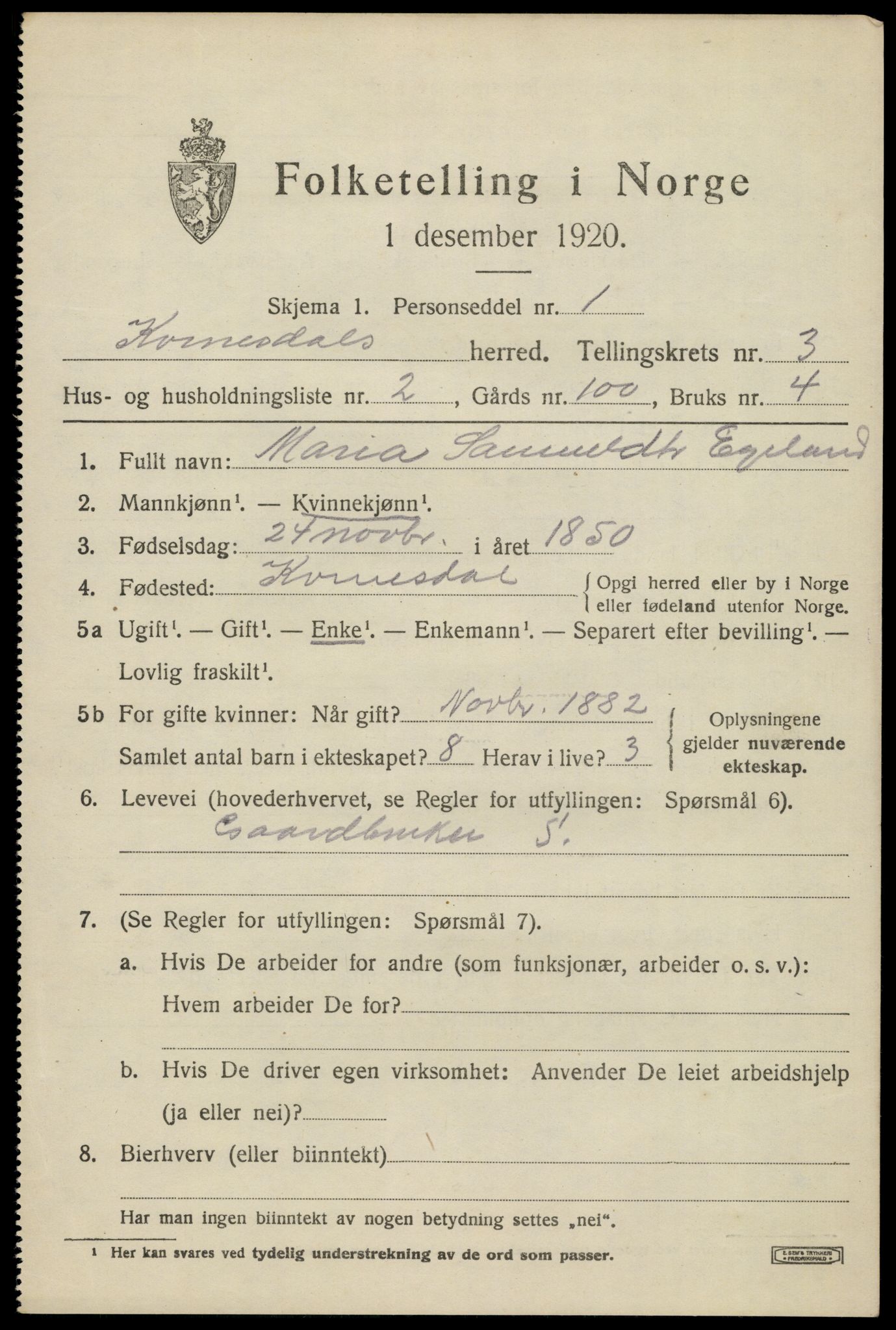 SAK, 1920 census for Kvinesdal, 1920, p. 3165