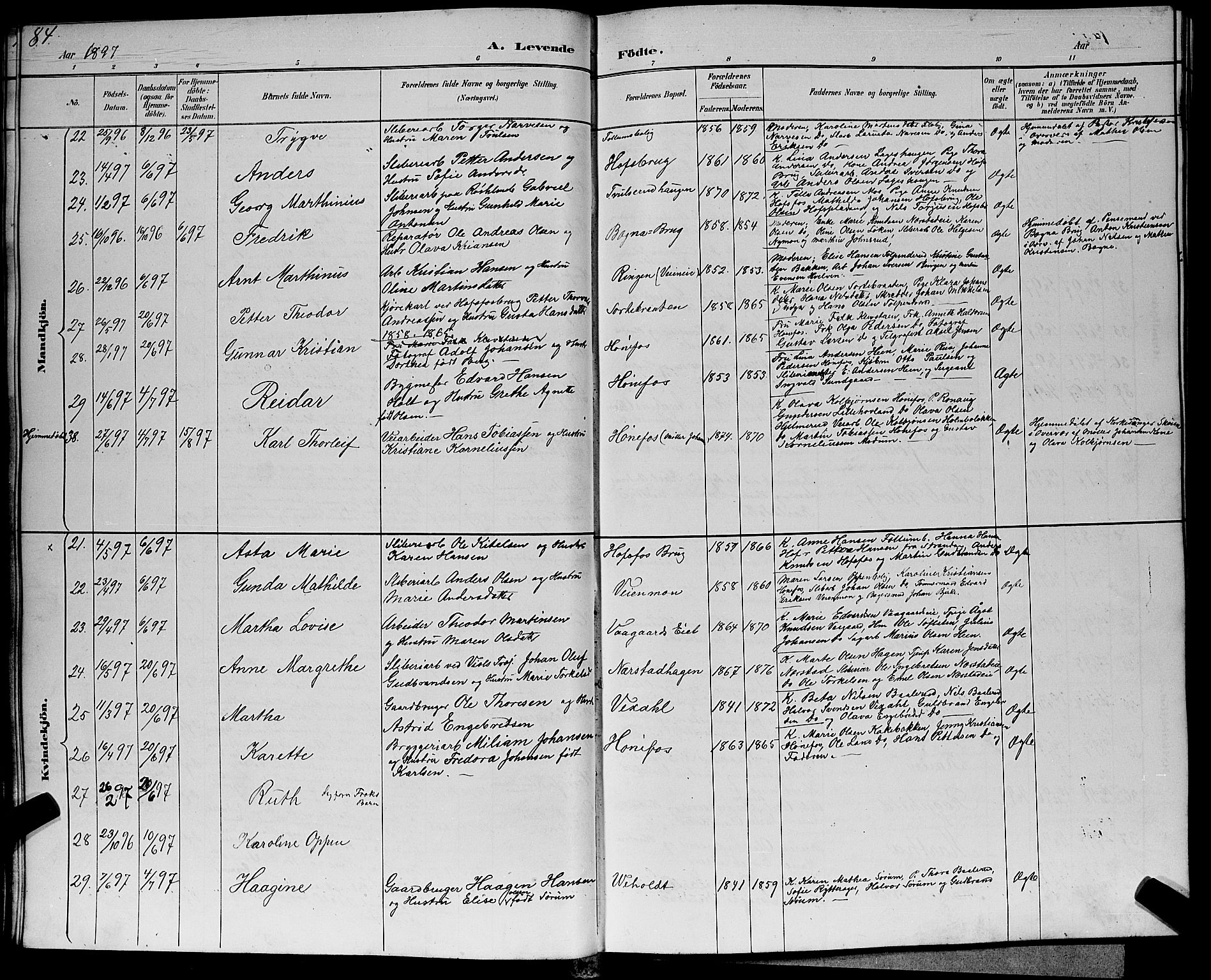 Hønefoss kirkebøker, SAKO/A-609/G/Ga/L0002: Parish register (copy) no. 2, 1888-1904, p. 84