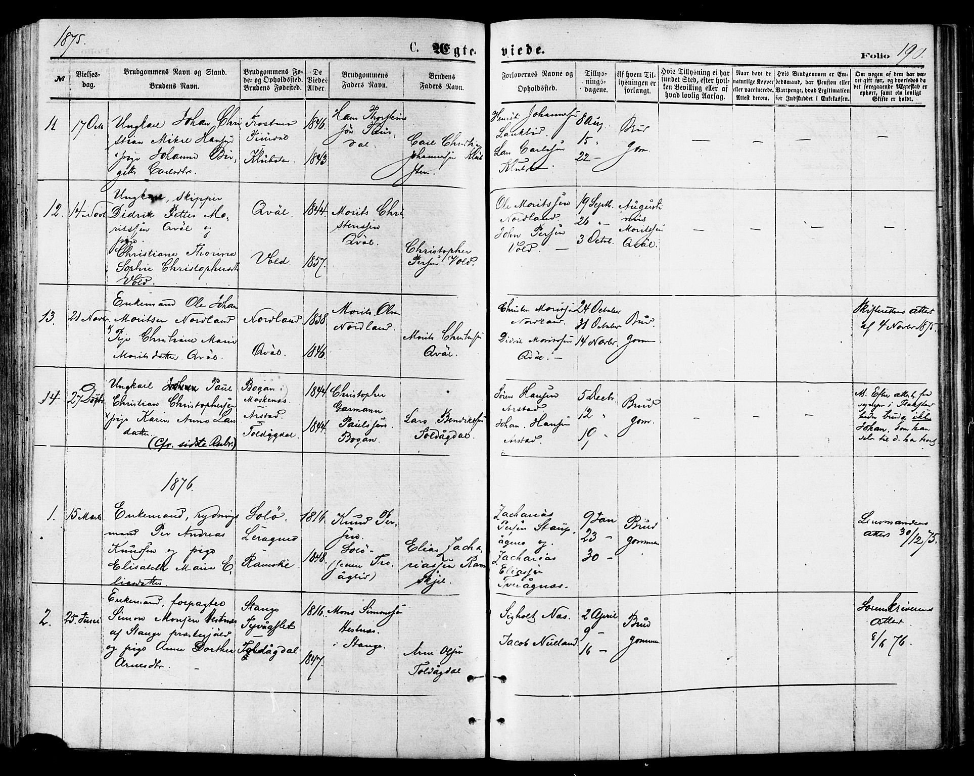 Ministerialprotokoller, klokkerbøker og fødselsregistre - Nordland, SAT/A-1459/846/L0645: Parish register (official) no. 846A03, 1872-1886, p. 190