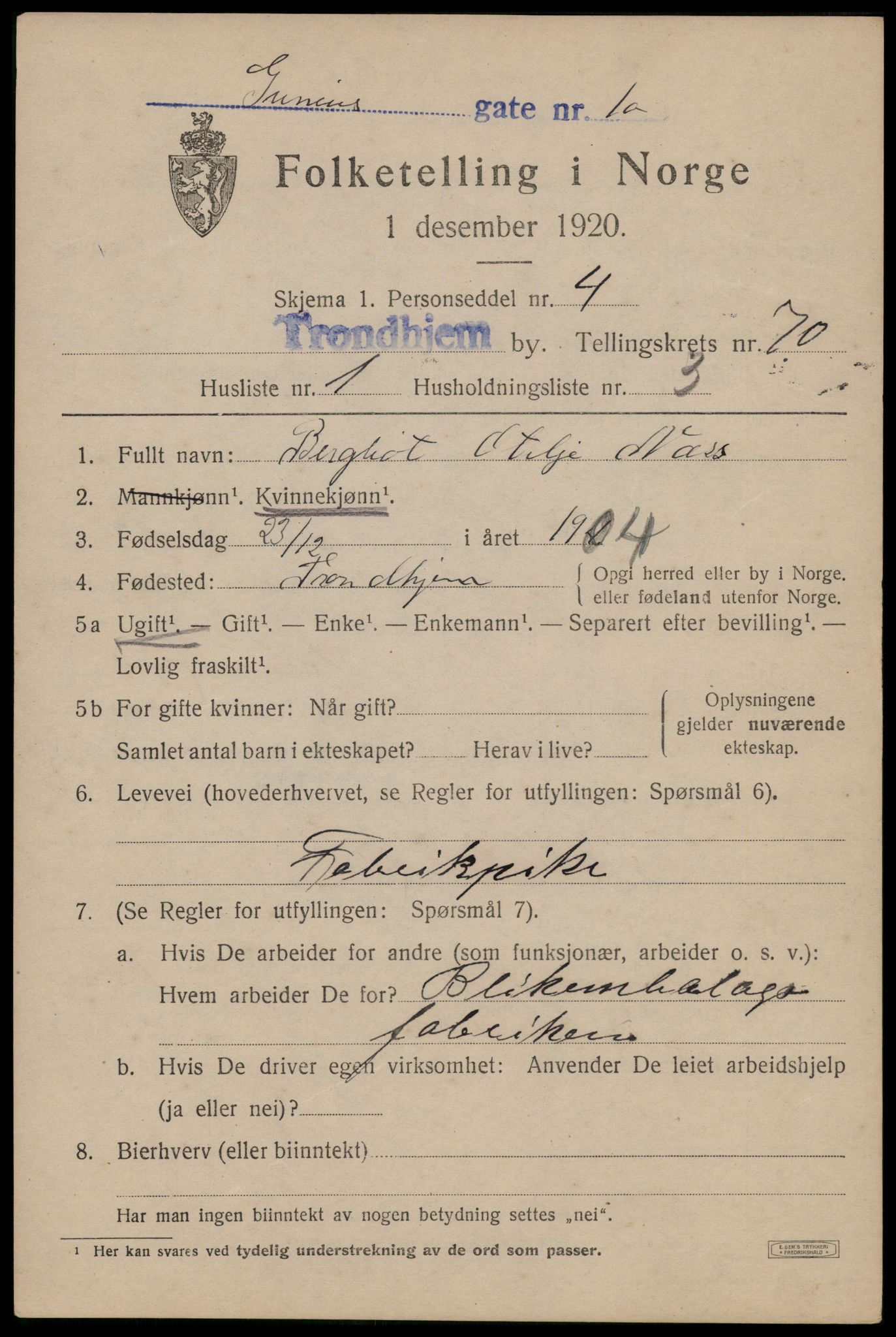 SAT, 1920 census for Trondheim, 1920, p. 137962