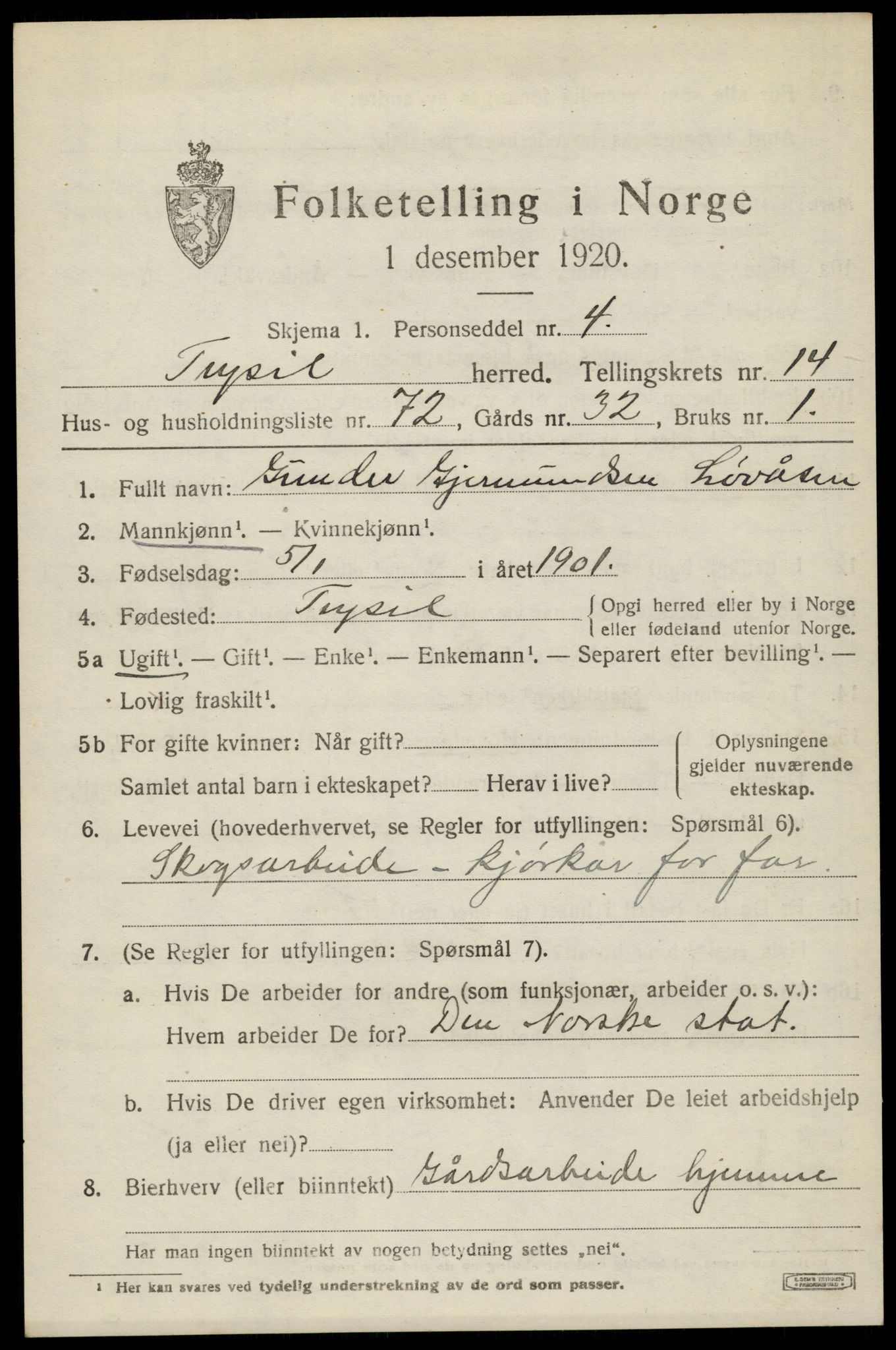 SAH, 1920 census for Trysil, 1920, p. 8753