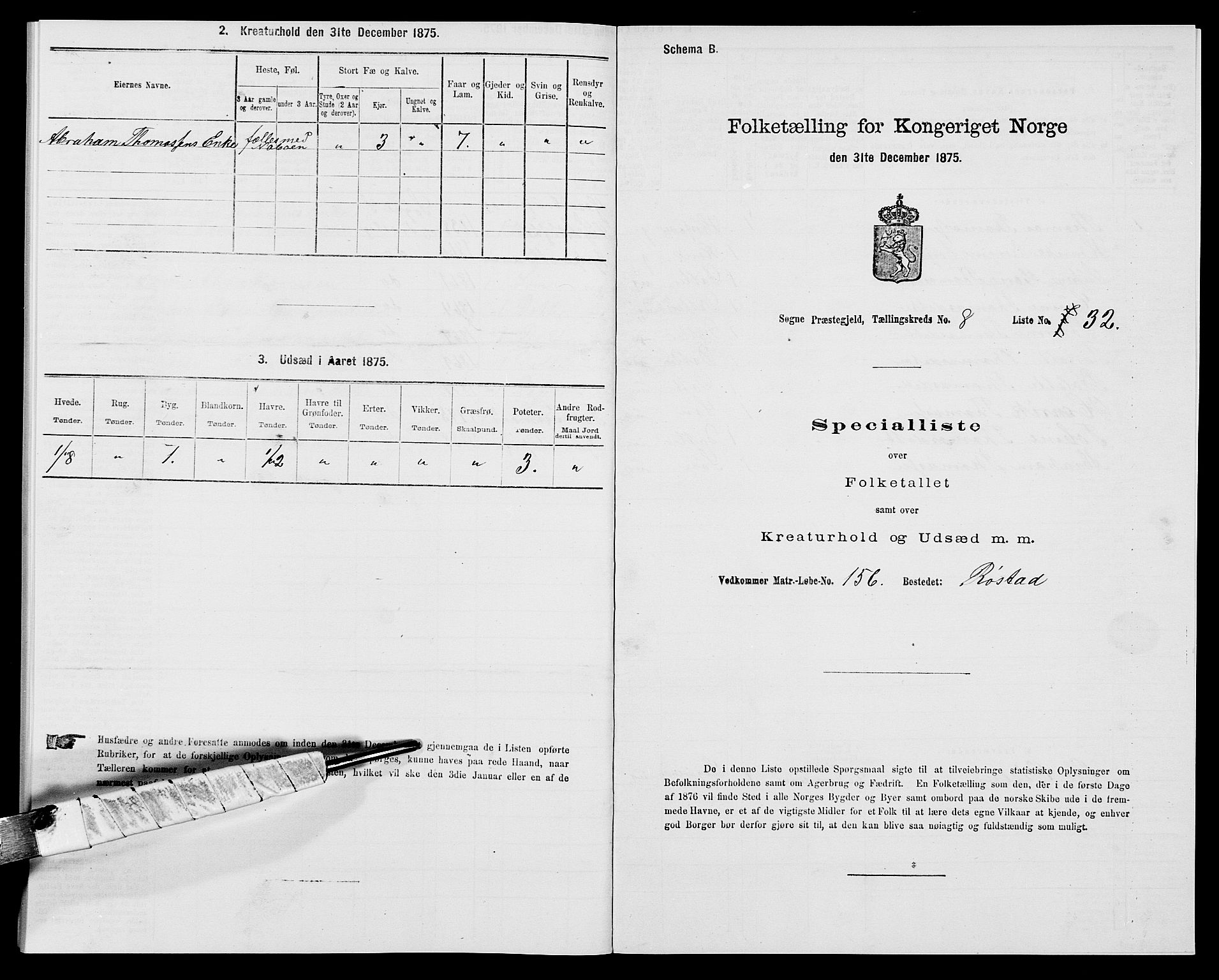 SAK, 1875 census for 1018P Søgne, 1875, p. 736