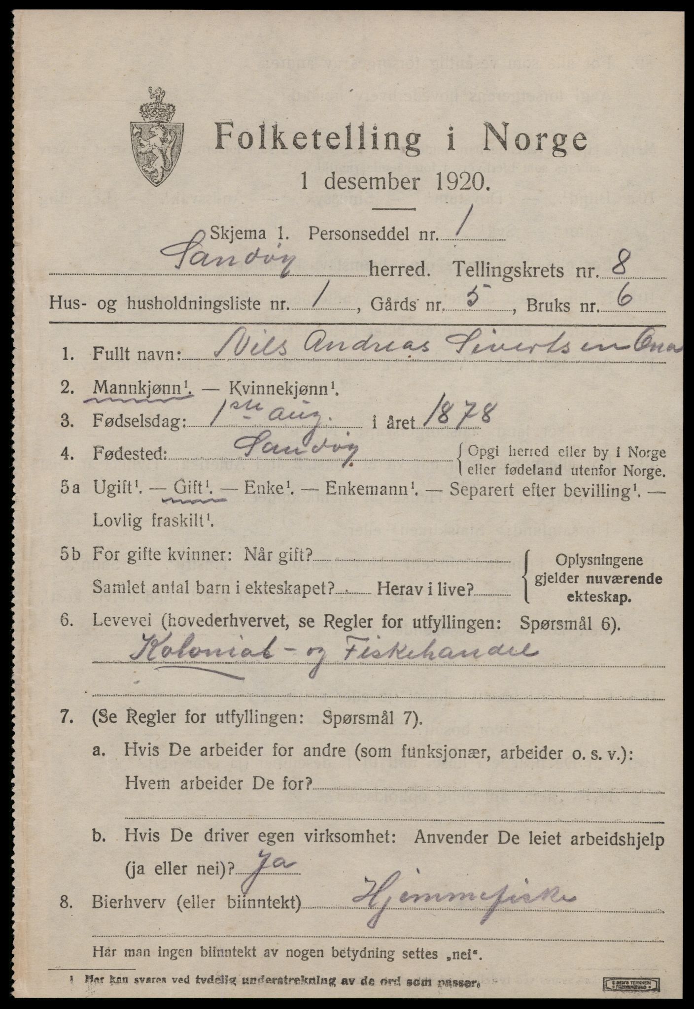 SAT, 1920 census for Sandøy, 1920, p. 2484