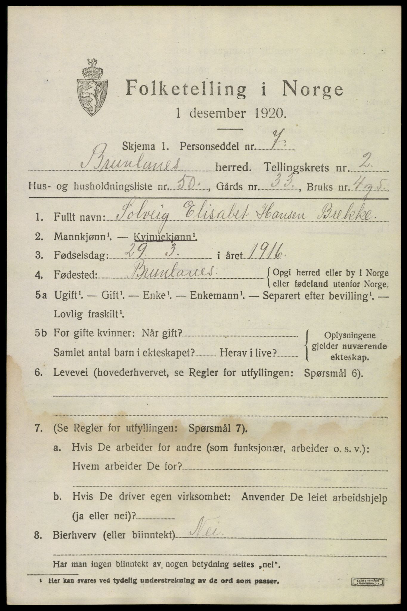 SAKO, 1920 census for Brunlanes, 1920, p. 3847