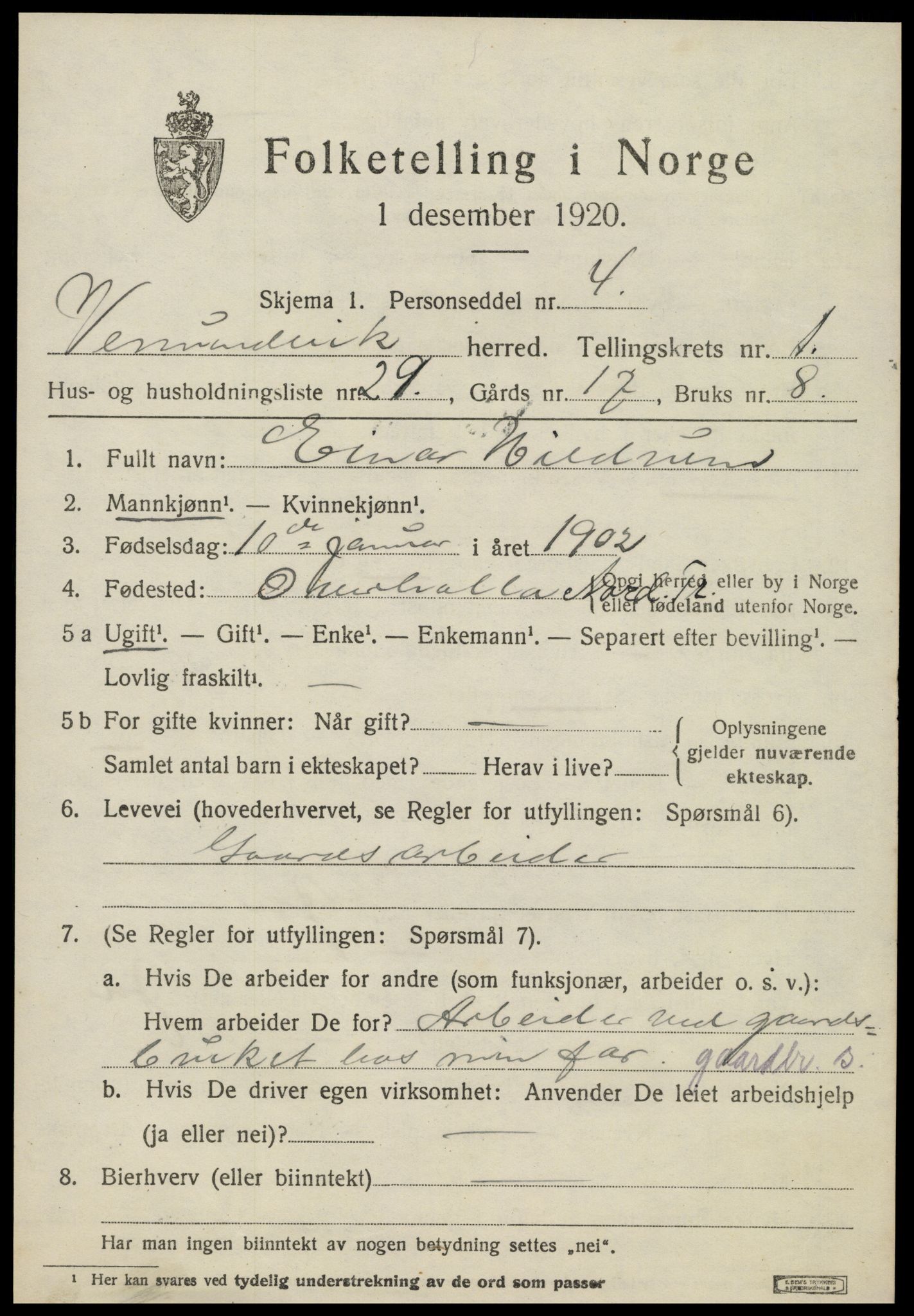 SAT, 1920 census for Vemundvik, 1920, p. 1149