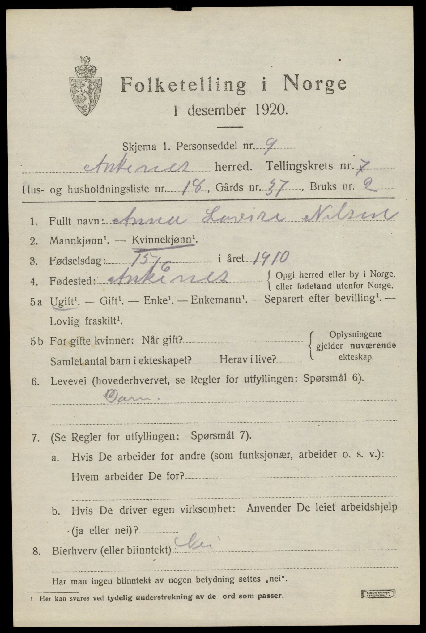 SAT, 1920 census for Ankenes, 1920, p. 3921