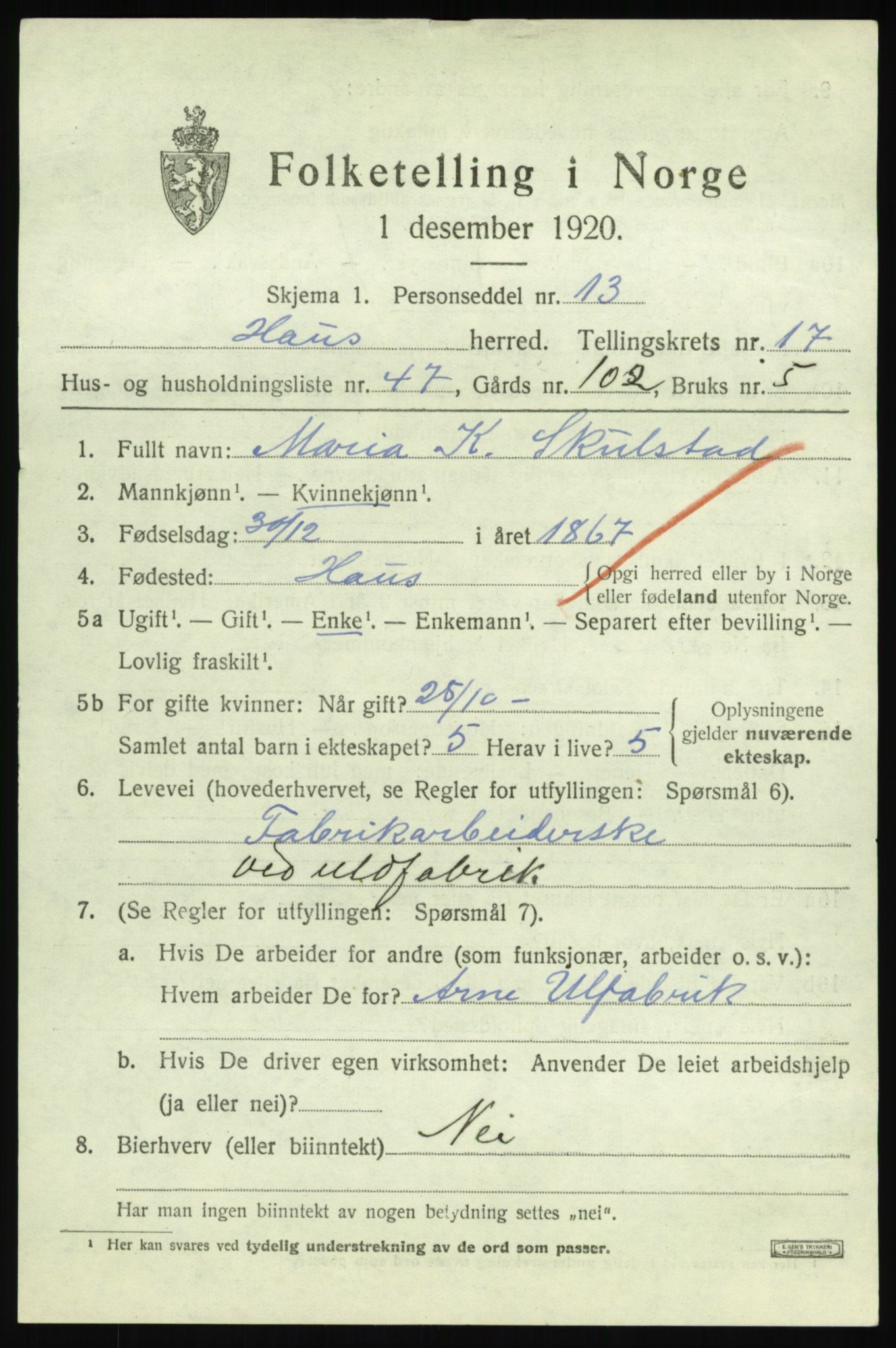 SAB, 1920 census for Haus, 1920, p. 11832