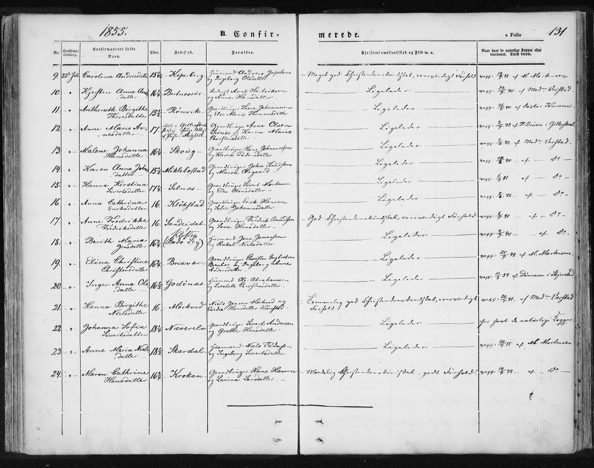 Ministerialprotokoller, klokkerbøker og fødselsregistre - Nordland, SAT/A-1459/801/L0007: Parish register (official) no. 801A07, 1845-1863, p. 131