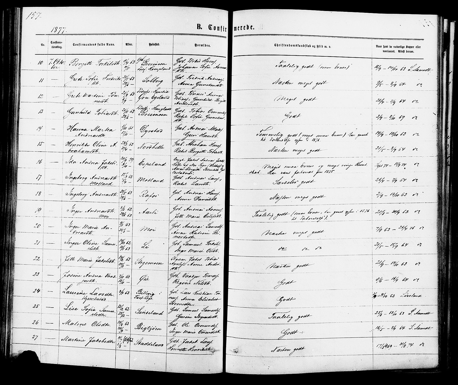 Kvinesdal sokneprestkontor, SAK/1111-0026/F/Fa/Fab/L0007: Parish register (official) no. A 7, 1870-1885, p. 157