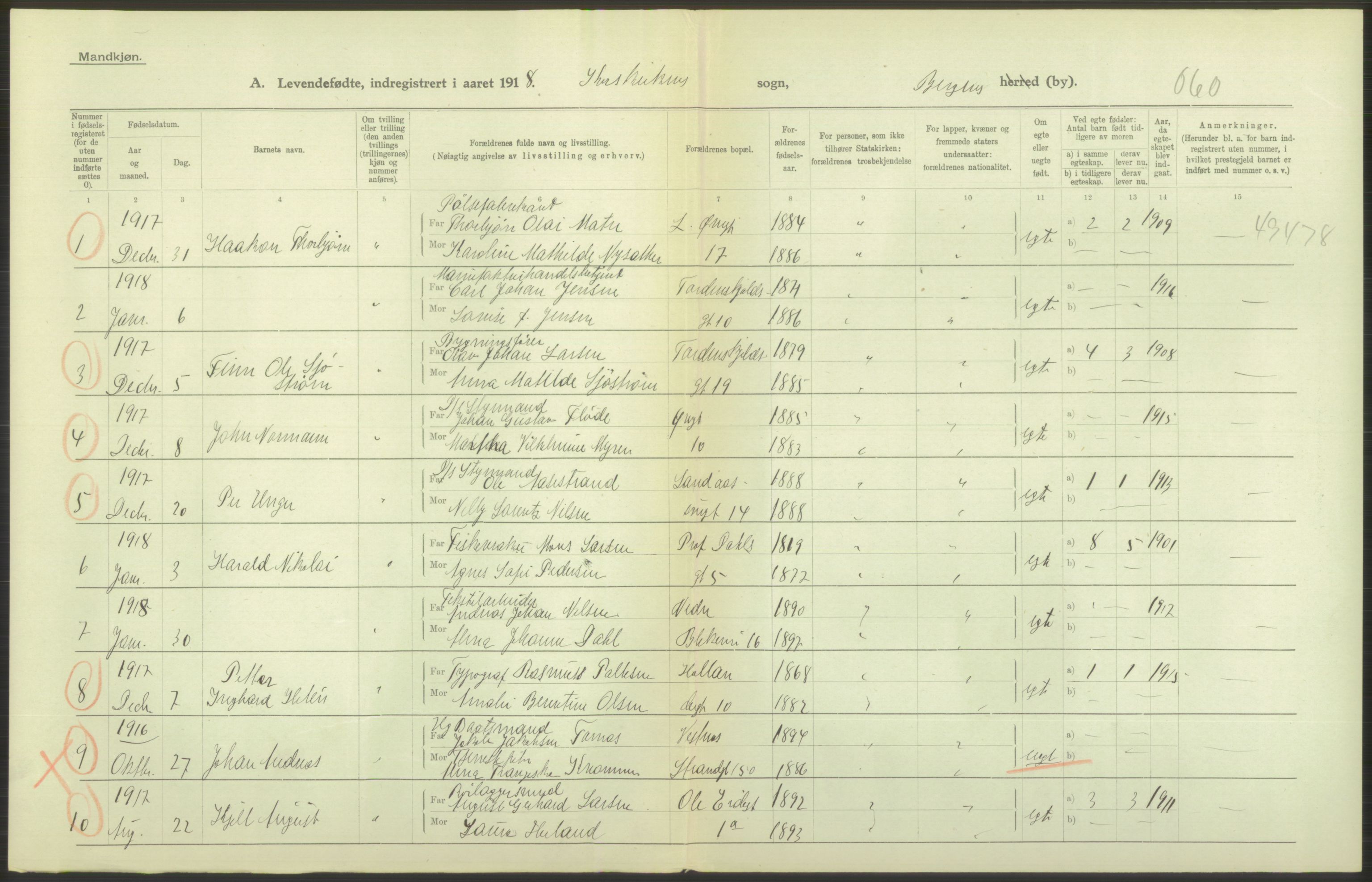 Statistisk sentralbyrå, Sosiodemografiske emner, Befolkning, AV/RA-S-2228/D/Df/Dfb/Dfbh/L0037: Bergen: Levendefødte menn og kvinner., 1918, p. 510