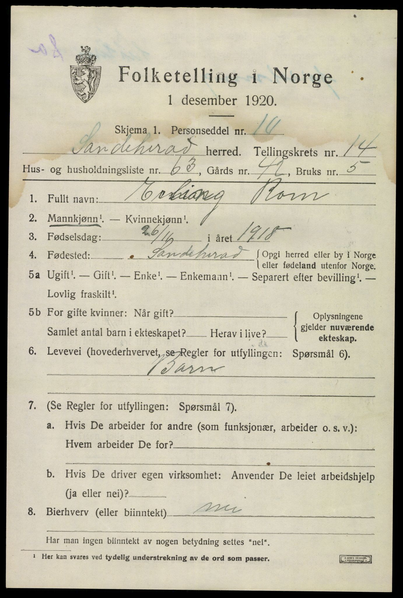 SAKO, 1920 census for Sandeherred, 1920, p. 21134