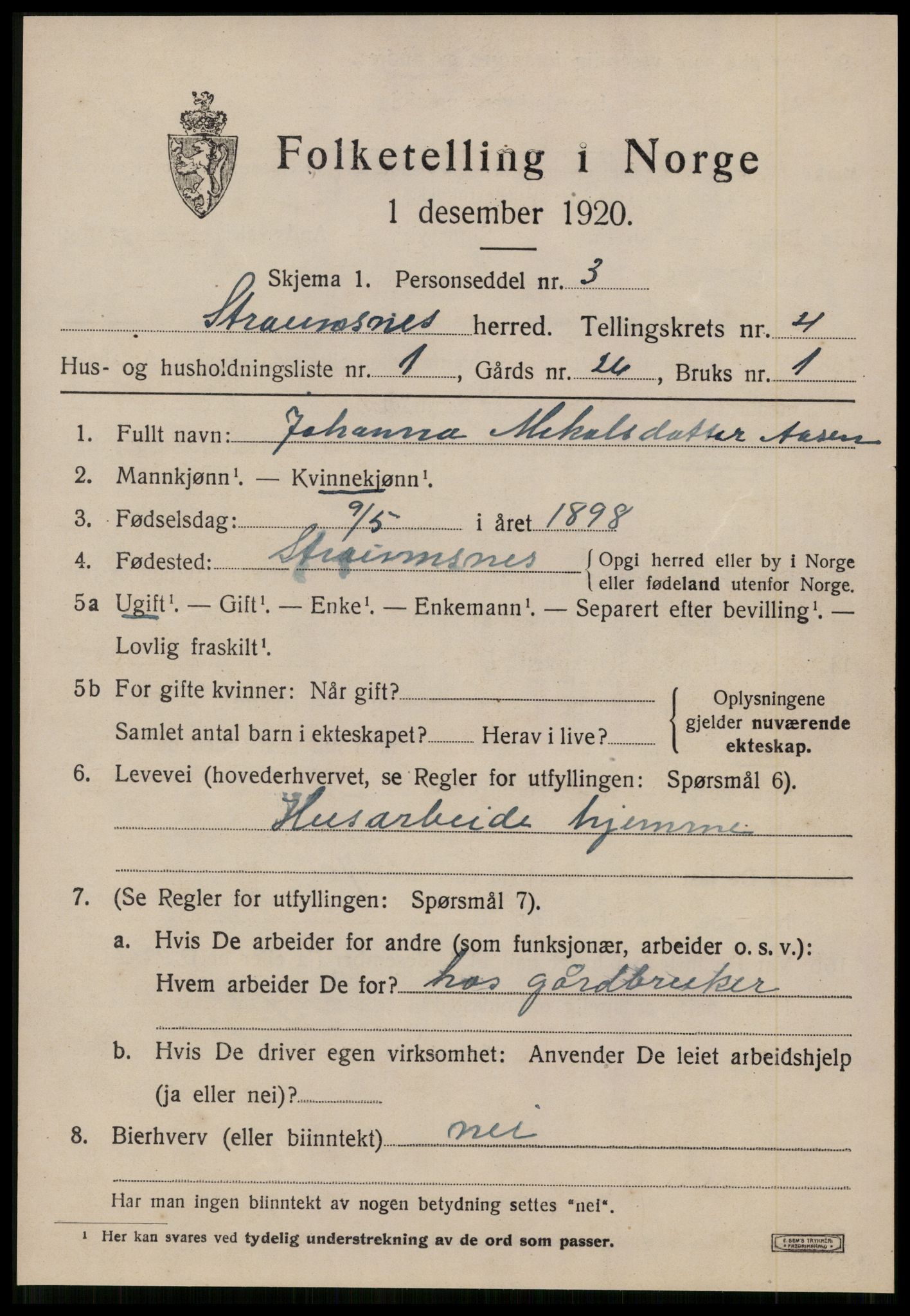 SAT, 1920 census for Straumsnes, 1920, p. 1547