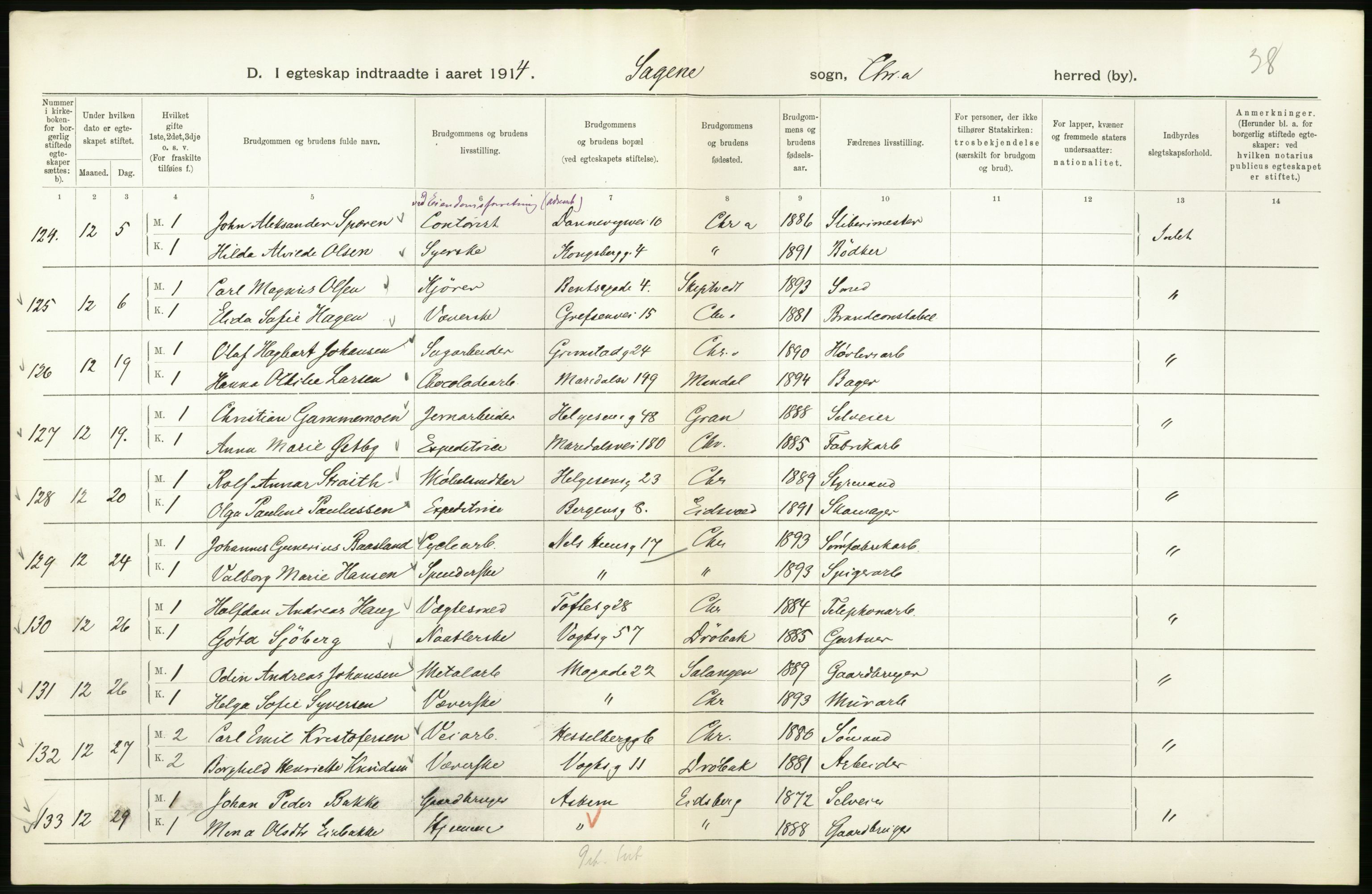 Statistisk sentralbyrå, Sosiodemografiske emner, Befolkning, AV/RA-S-2228/D/Df/Dfb/Dfbd/L0007: Kristiania: Gifte, 1914, p. 180