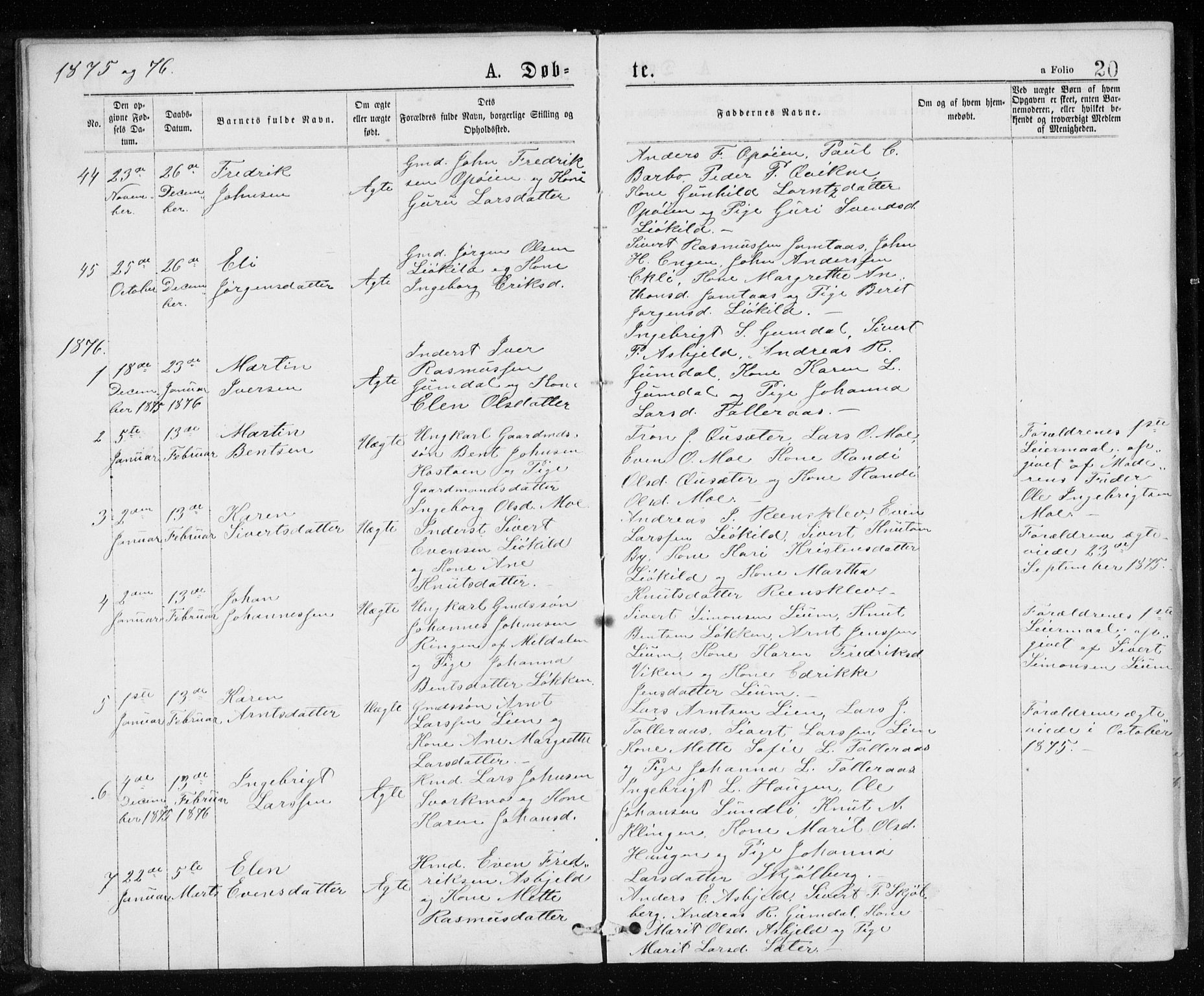 Ministerialprotokoller, klokkerbøker og fødselsregistre - Sør-Trøndelag, SAT/A-1456/671/L0843: Parish register (copy) no. 671C02, 1873-1892, p. 20