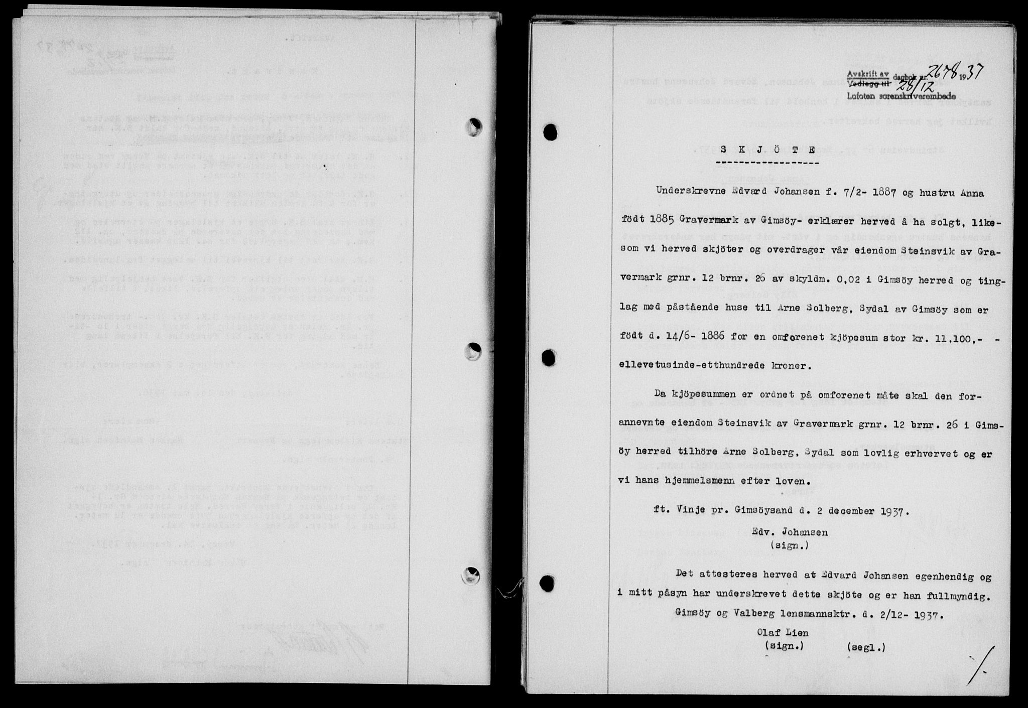 Lofoten sorenskriveri, SAT/A-0017/1/2/2C/L0003a: Mortgage book no. 3a, 1937-1938, Diary no: : 2678/1937