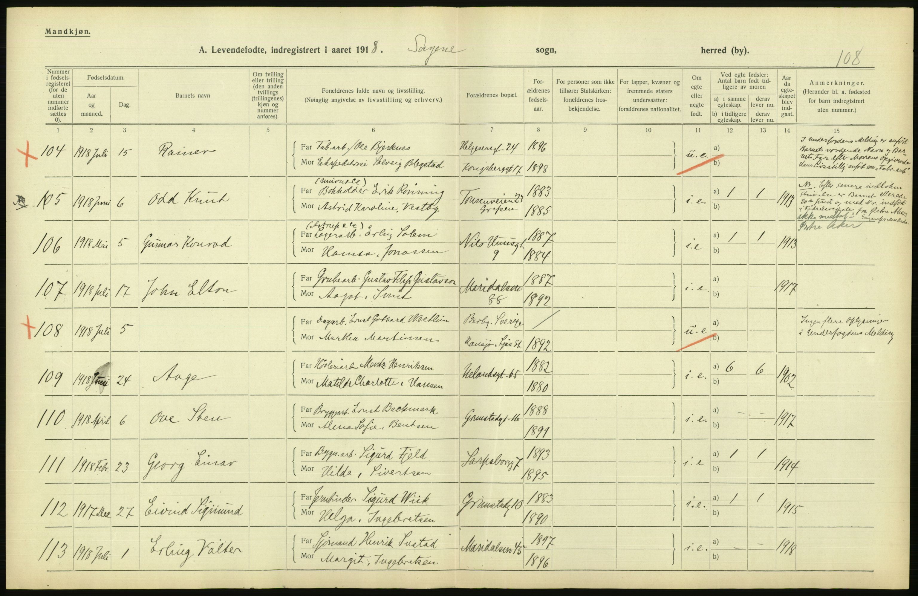 Statistisk sentralbyrå, Sosiodemografiske emner, Befolkning, AV/RA-S-2228/D/Df/Dfb/Dfbh/L0008: Kristiania: Levendefødte menn og kvinner., 1918, p. 832
