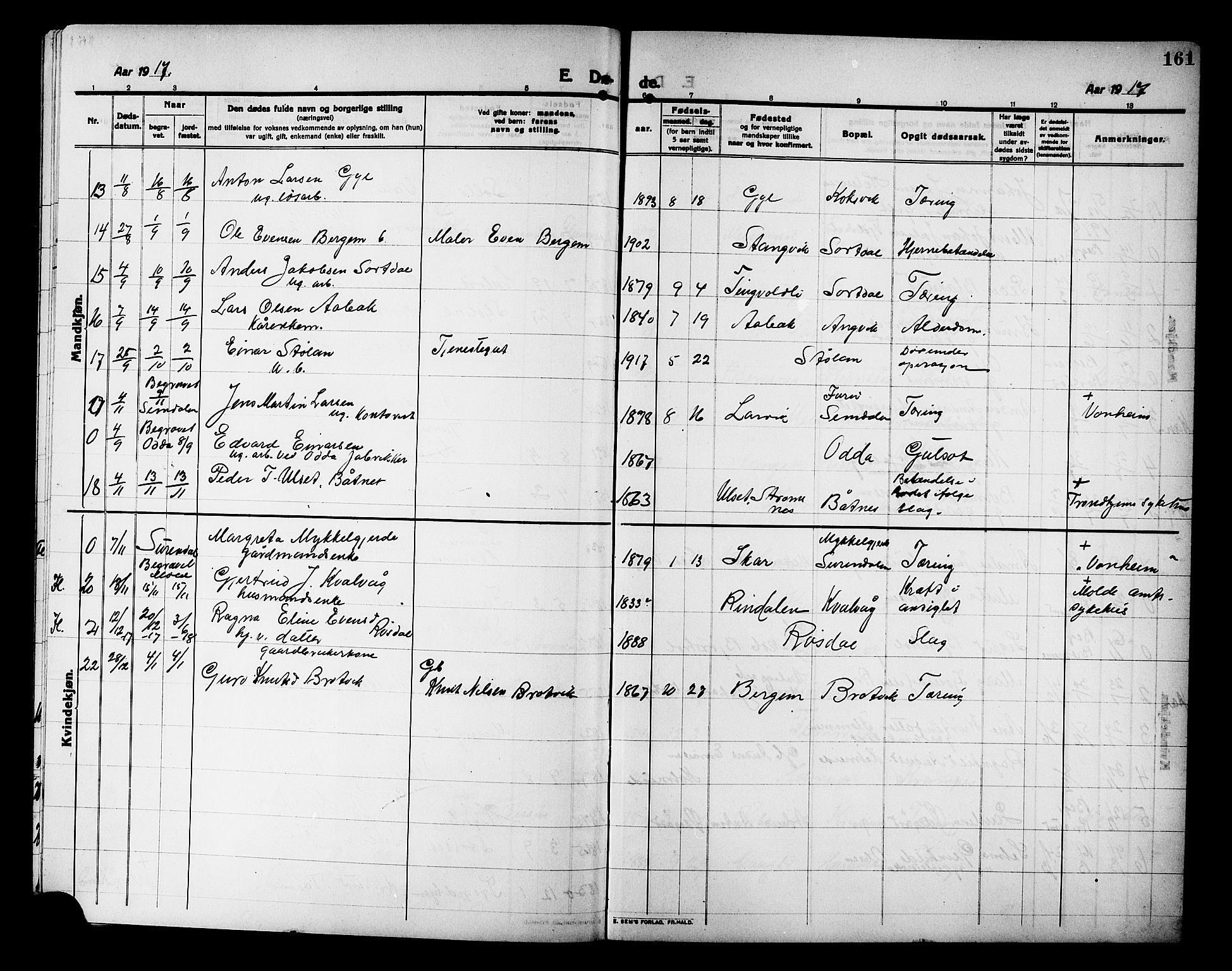 Ministerialprotokoller, klokkerbøker og fødselsregistre - Møre og Romsdal, AV/SAT-A-1454/586/L0993: Parish register (copy) no. 586C04, 1910-1918, p. 161