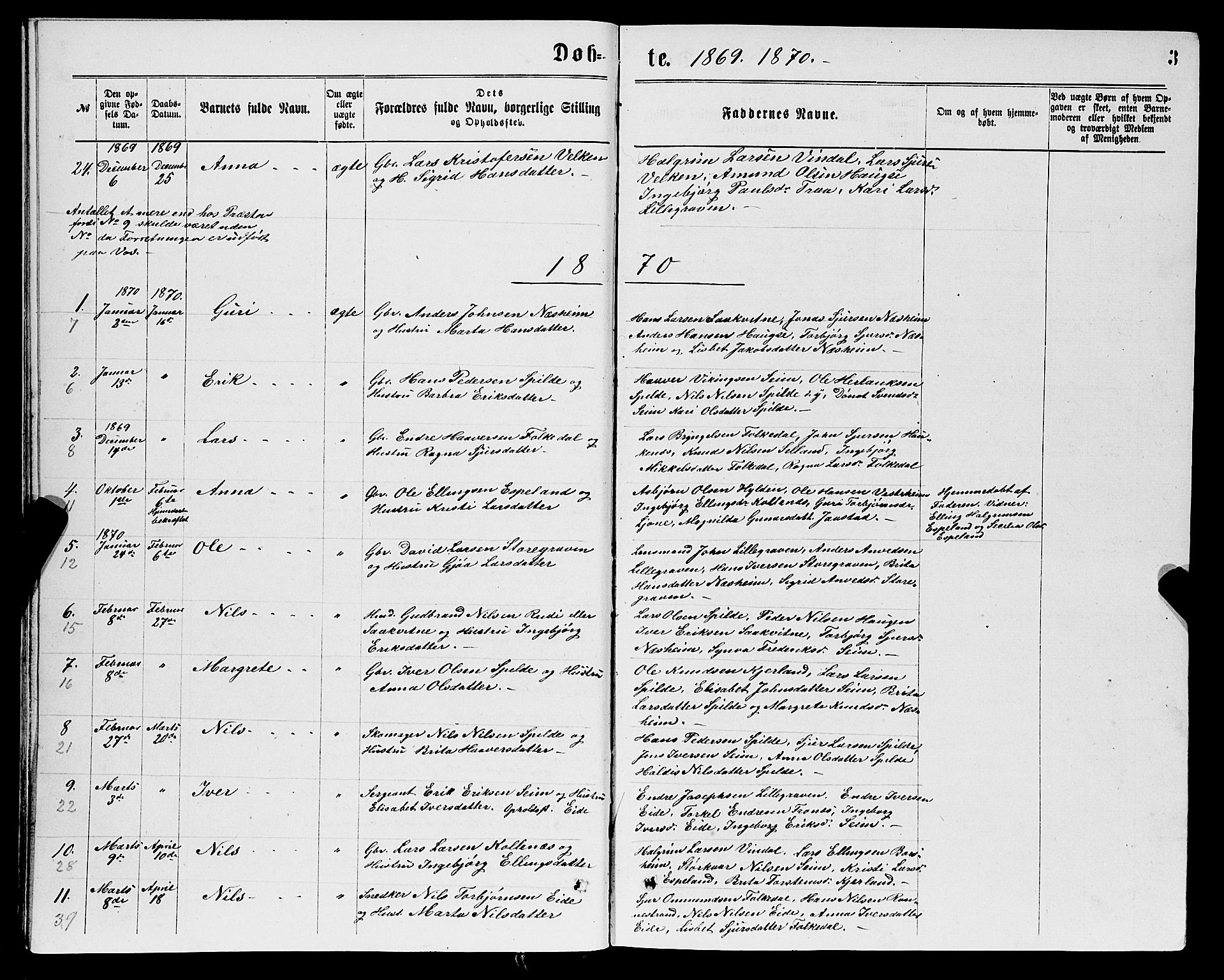 Ulvik sokneprestembete, AV/SAB-A-78801/H/Hab: Parish register (copy) no. B 2, 1869-1883, p. 3