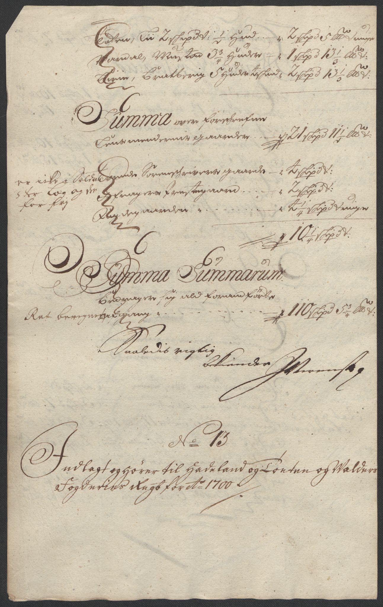 Rentekammeret inntil 1814, Reviderte regnskaper, Fogderegnskap, AV/RA-EA-4092/R18/L1298: Fogderegnskap Hadeland, Toten og Valdres, 1700, p. 423