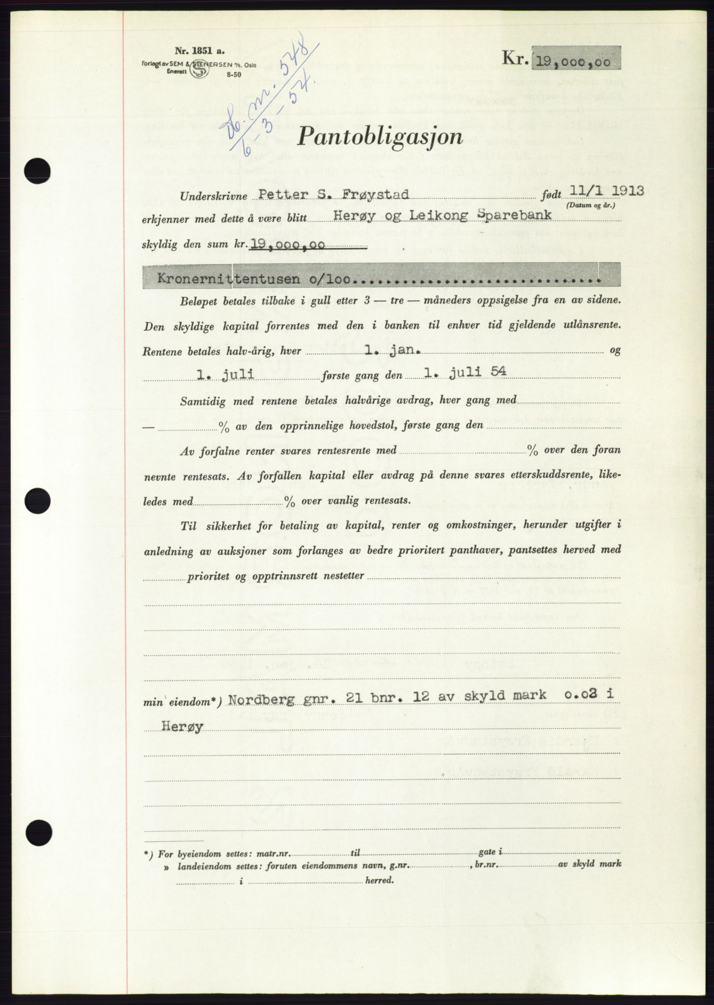 Søre Sunnmøre sorenskriveri, AV/SAT-A-4122/1/2/2C/L0124: Mortgage book no. 12B, 1953-1954, Diary no: : 548/1954