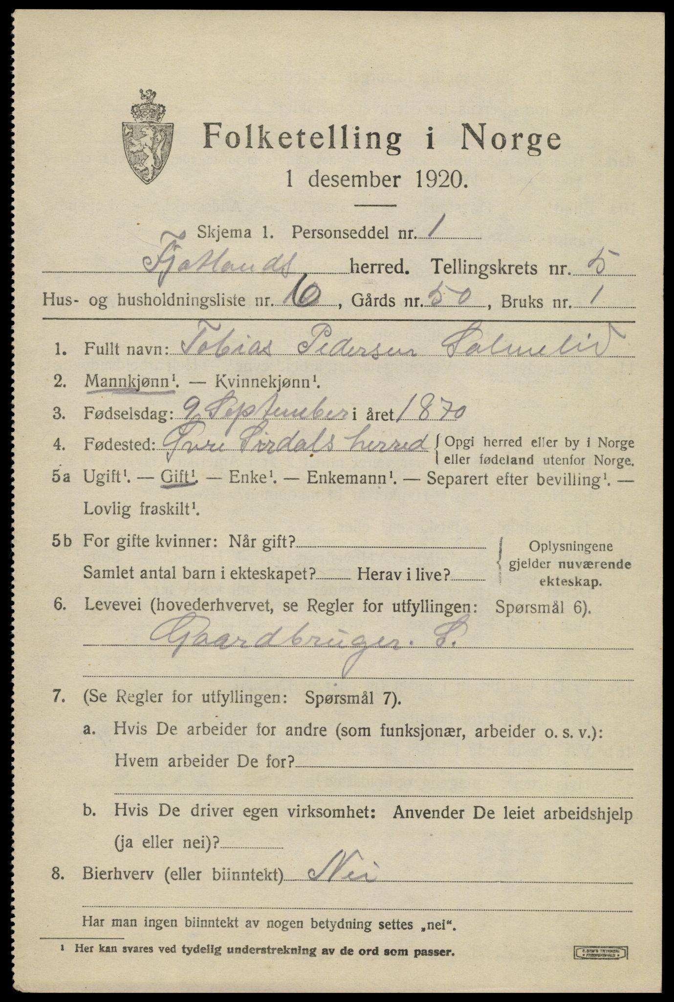 SAK, 1920 census for Fjotland, 1920, p. 1588