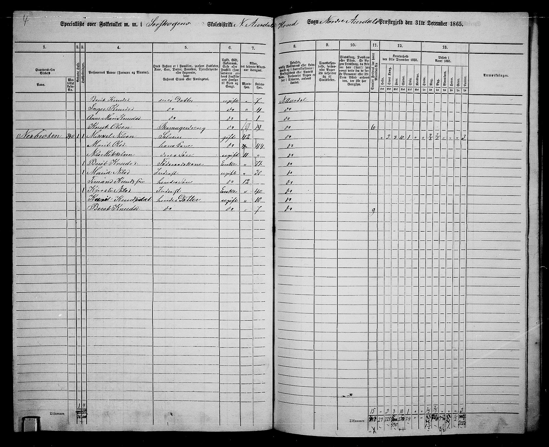 RA, 1865 census for Nord-Aurdal, 1865, p. 211