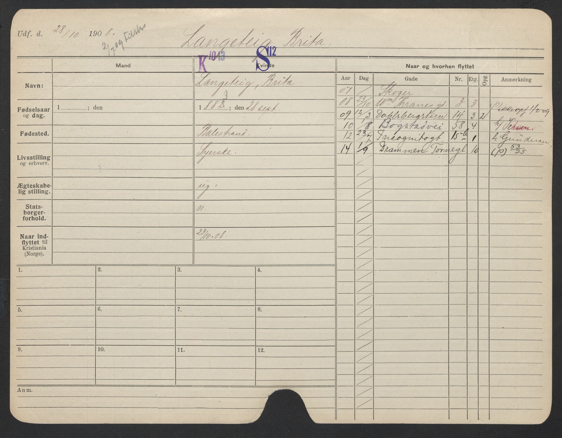 Oslo folkeregister, Registerkort, AV/SAO-A-11715/F/Fa/Fac/L0019: Kvinner, 1906-1914, p. 746a