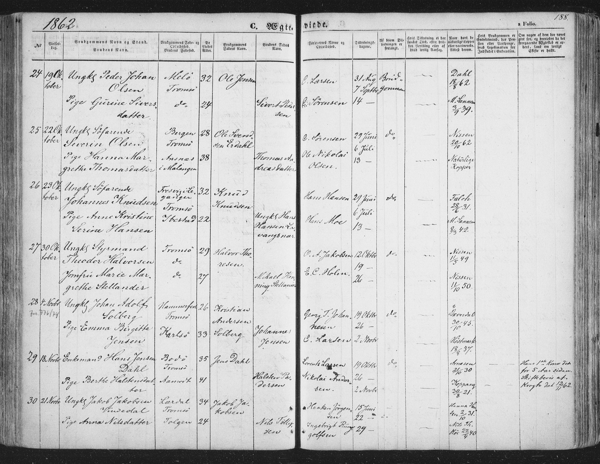 Tromsø sokneprestkontor/stiftsprosti/domprosti, AV/SATØ-S-1343/G/Ga/L0011kirke: Parish register (official) no. 11, 1856-1865, p. 188