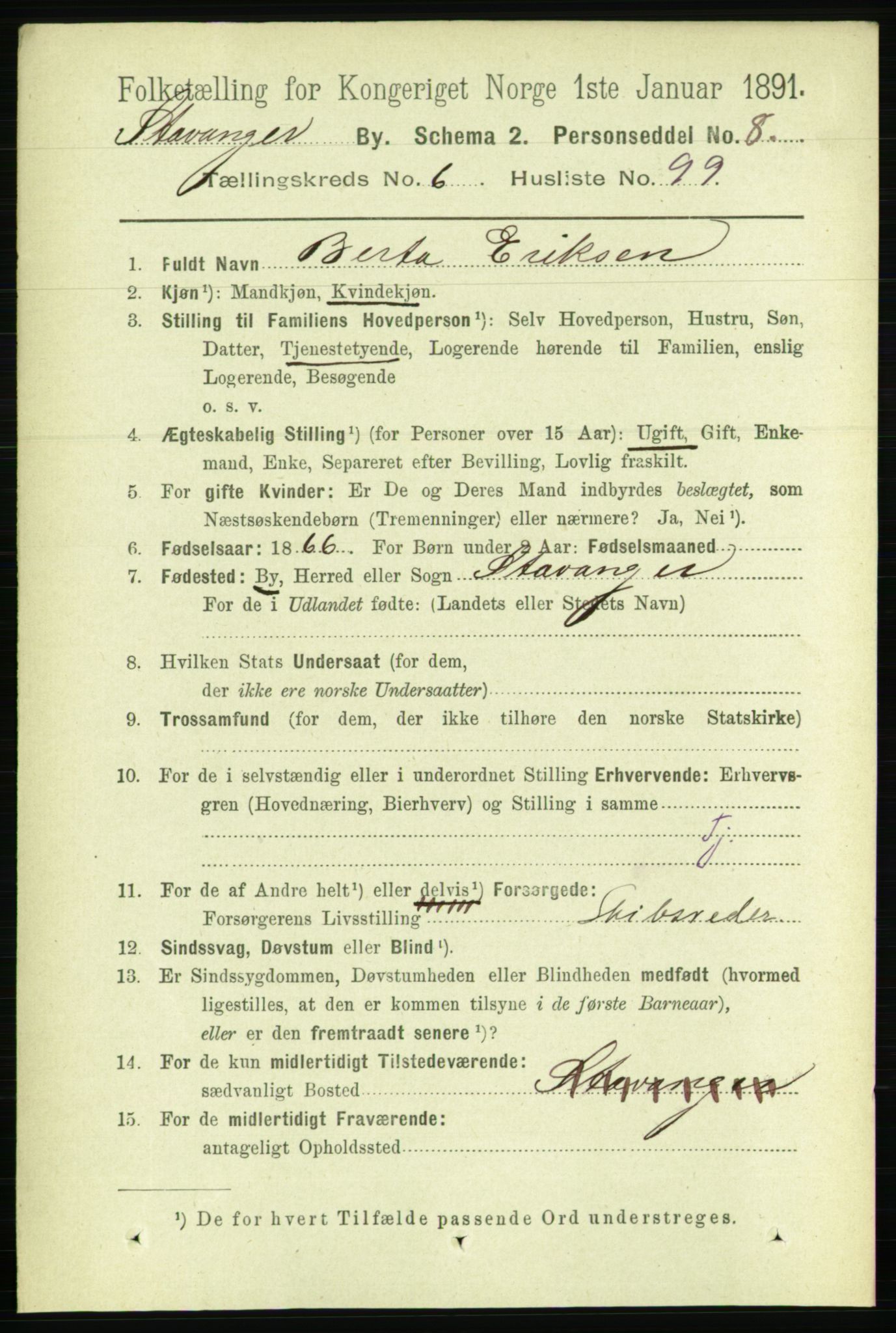 RA, 1891 census for 1103 Stavanger, 1891, p. 10889