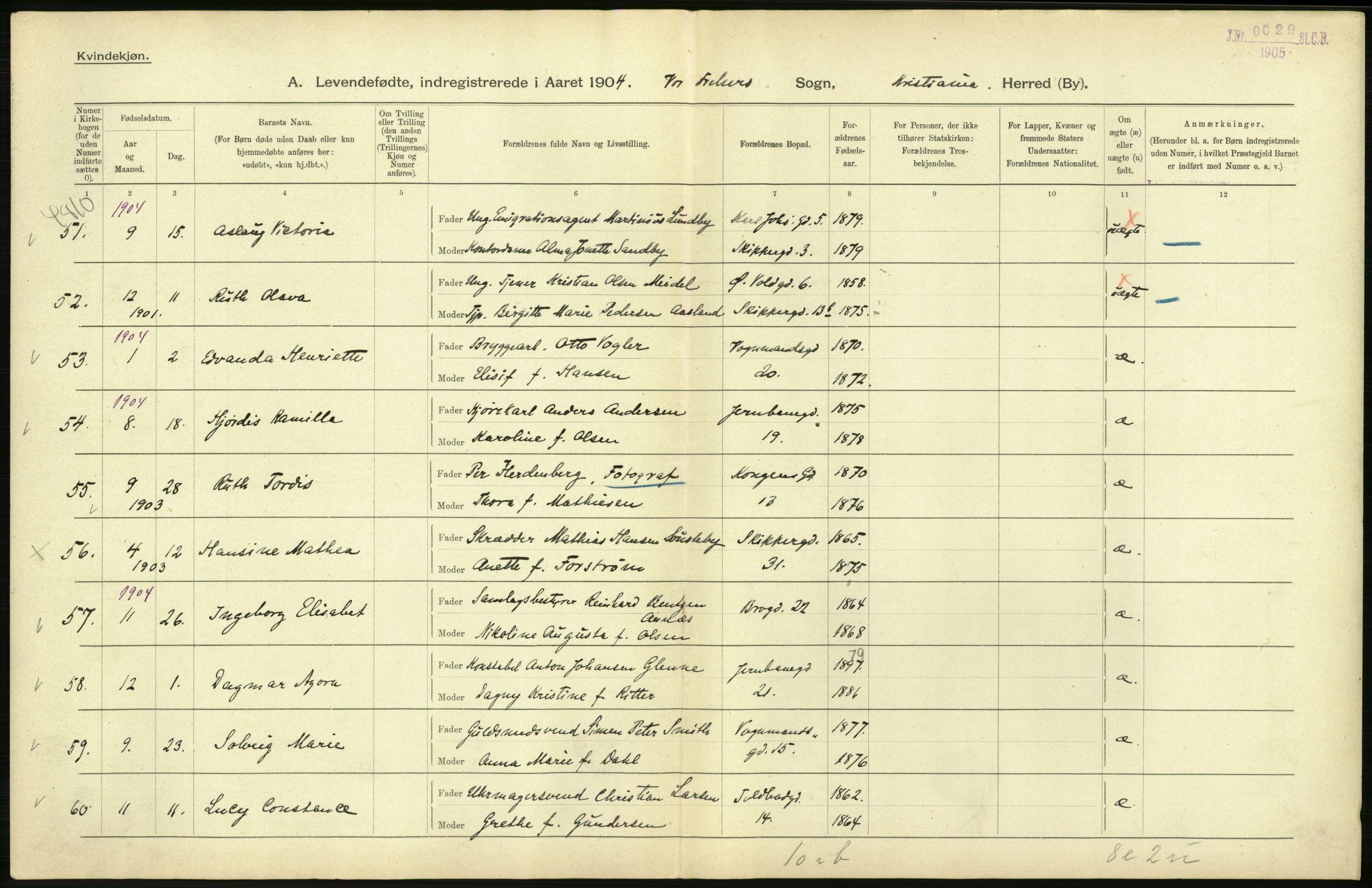 Statistisk sentralbyrå, Sosiodemografiske emner, Befolkning, AV/RA-S-2228/D/Df/Dfa/Dfab/L0003: Kristiania: Fødte, 1904, p. 226