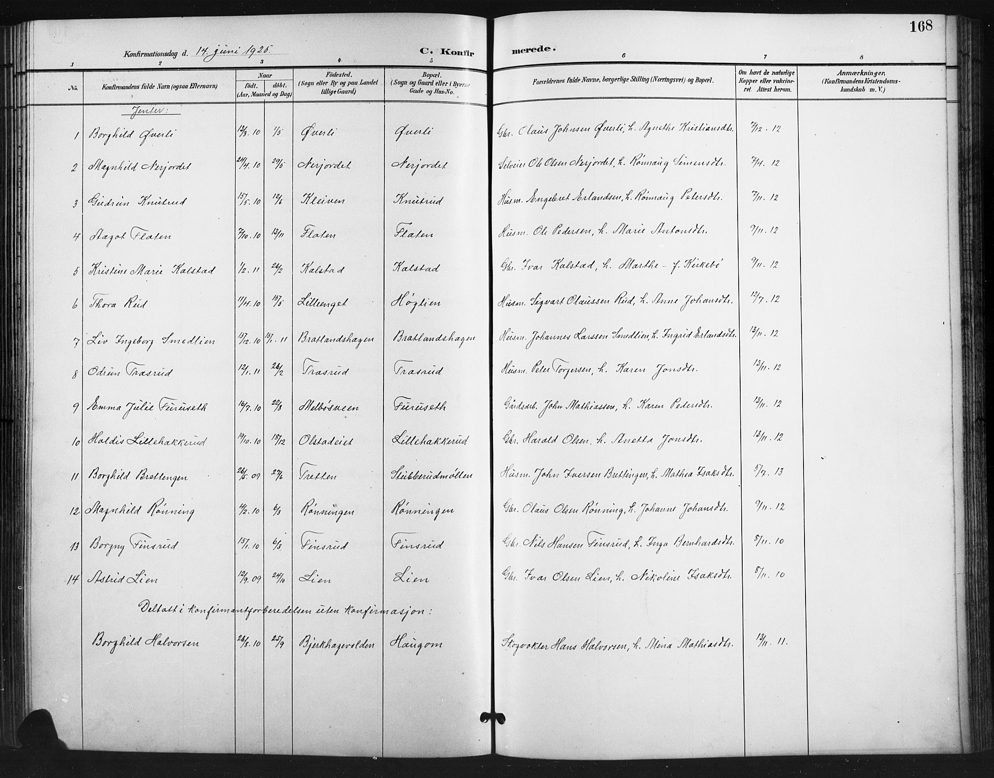 Vestre Gausdal prestekontor, SAH/PREST-094/H/Ha/Hab/L0003: Parish register (copy) no. 3, 1896-1925, p. 168
