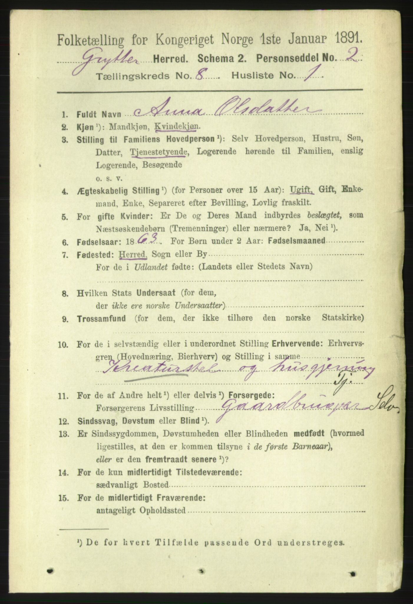 RA, 1891 census for 1539 Grytten, 1891, p. 3166