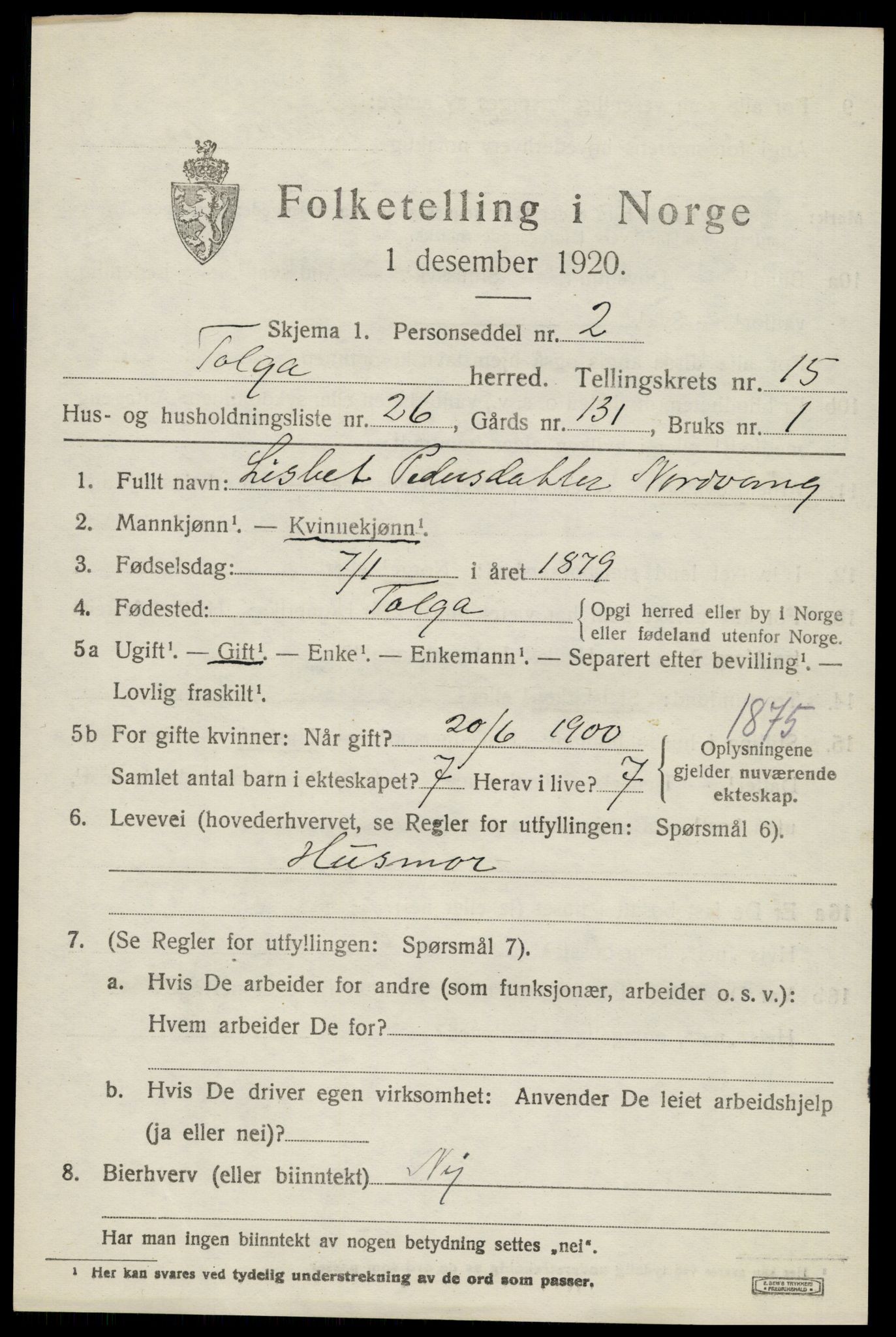 SAH, 1920 census for Tolga, 1920, p. 7149
