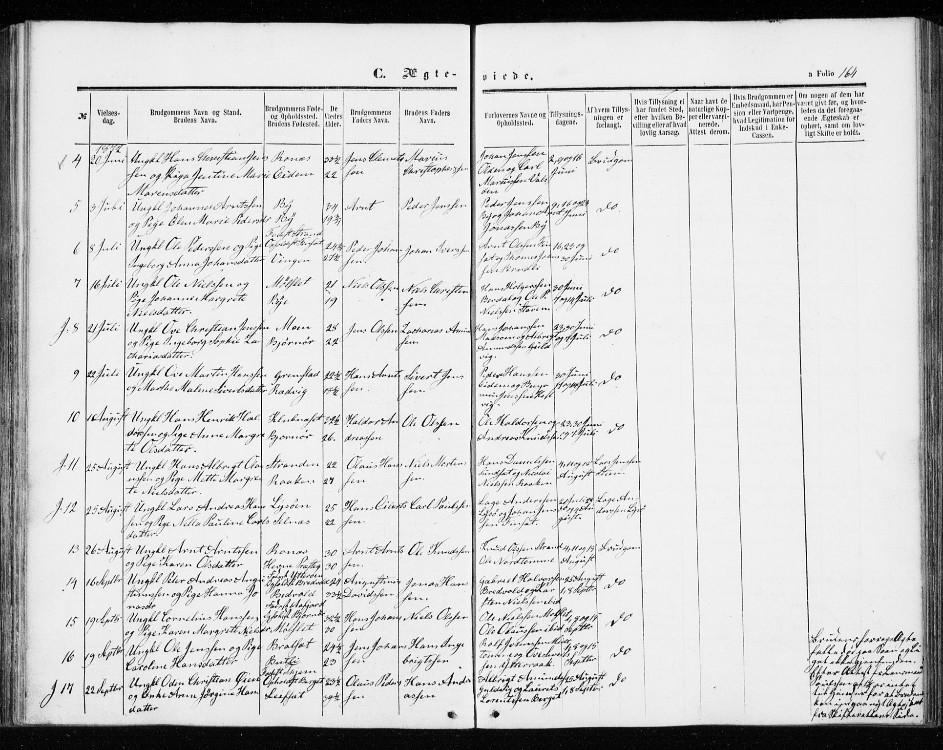 Ministerialprotokoller, klokkerbøker og fødselsregistre - Sør-Trøndelag, AV/SAT-A-1456/655/L0678: Parish register (official) no. 655A07, 1861-1873, p. 164