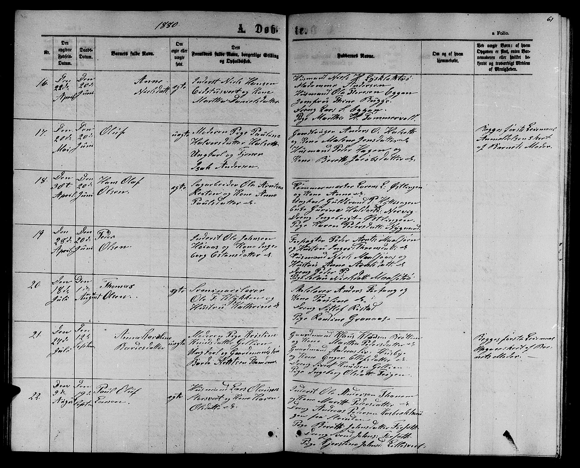 Ministerialprotokoller, klokkerbøker og fødselsregistre - Sør-Trøndelag, SAT/A-1456/618/L0451: Parish register (copy) no. 618C02, 1865-1883, p. 61