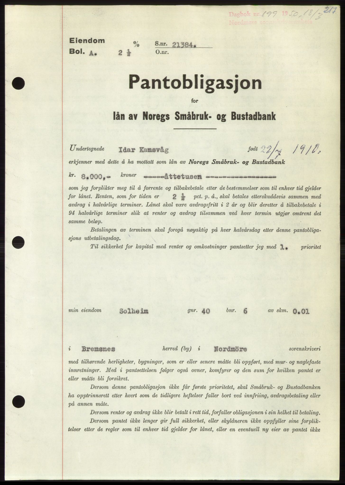 Nordmøre sorenskriveri, AV/SAT-A-4132/1/2/2Ca: Mortgage book no. B104, 1950-1950, Diary no: : 899/1950