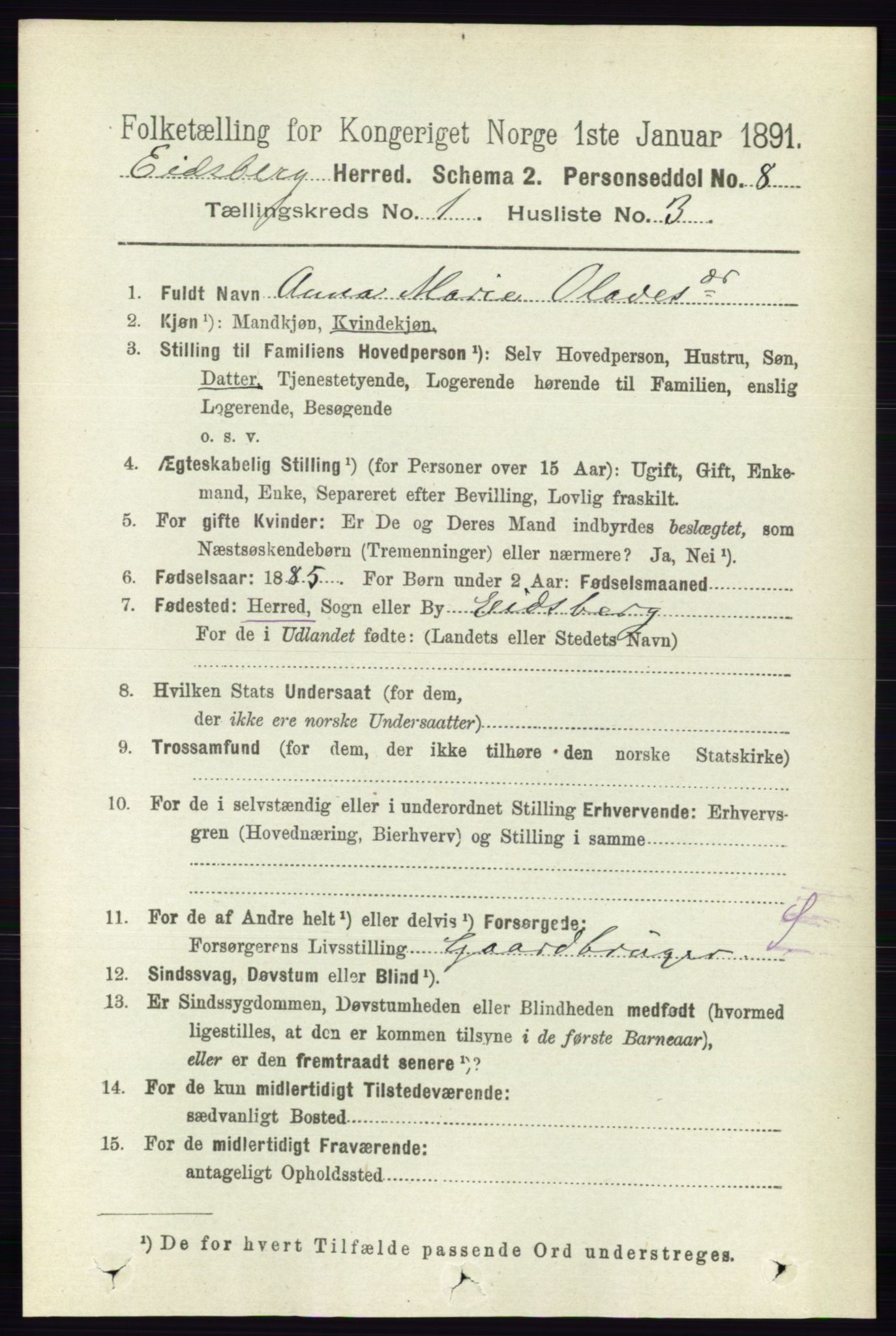 RA, 1891 census for 0125 Eidsberg, 1891, p. 159