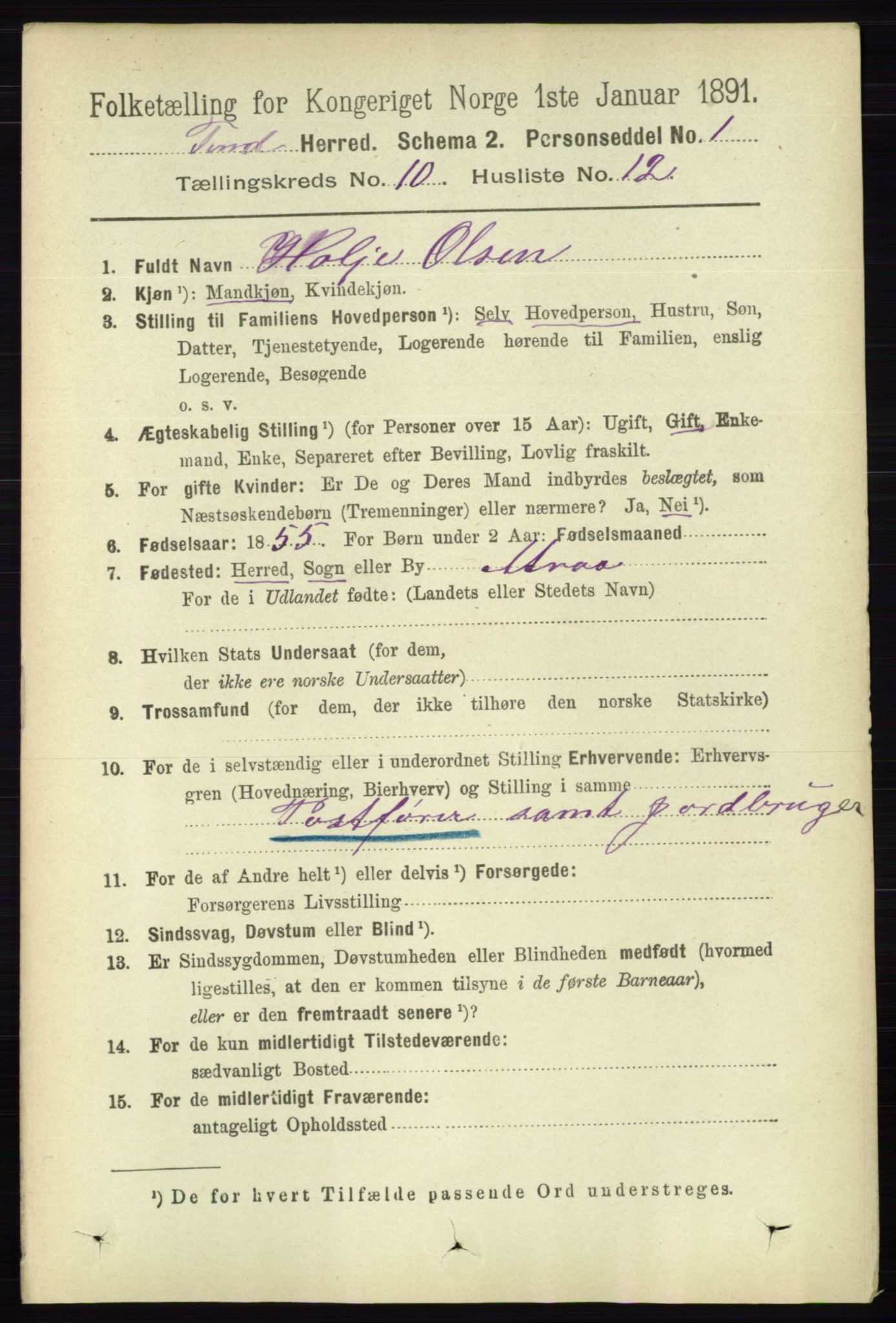 RA, 1891 census for 0826 Tinn, 1891, p. 2028