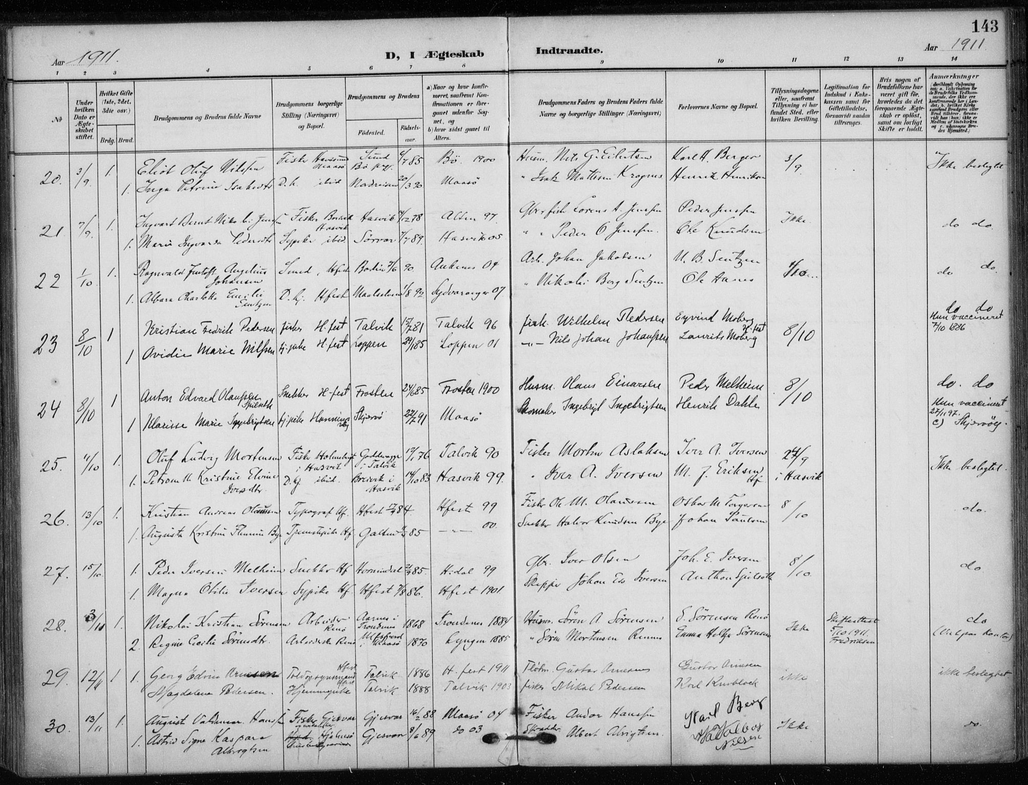 Hammerfest sokneprestkontor, SATØ/S-1347/H/Ha/L0014.kirke: Parish register (official) no. 14, 1906-1916, p. 143