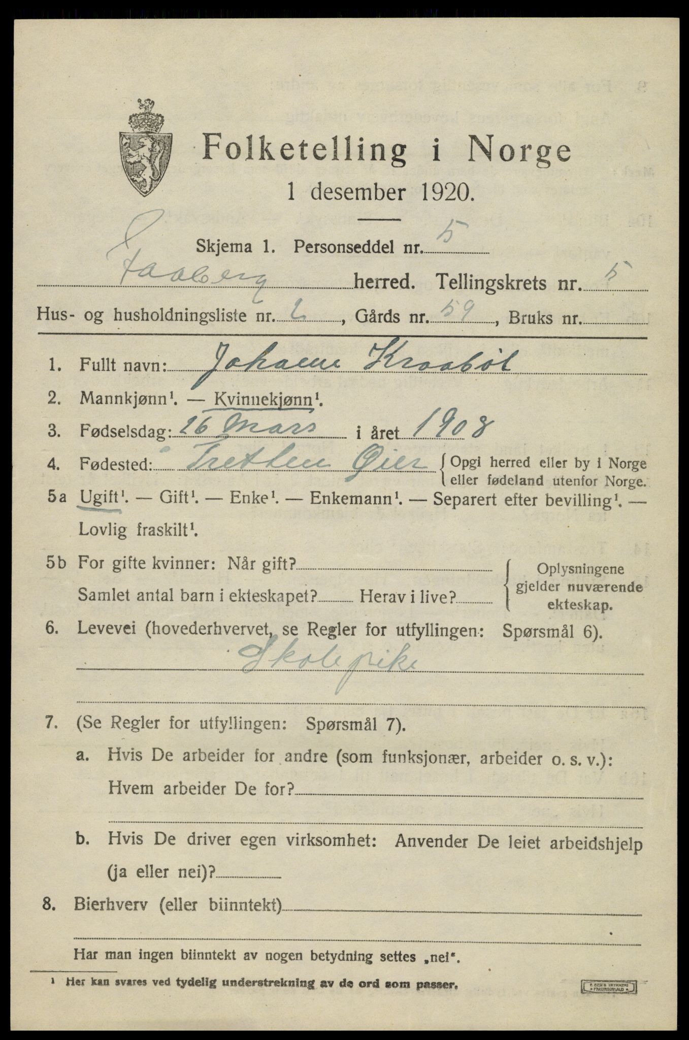 SAH, 1920 census for Fåberg, 1920, p. 5924