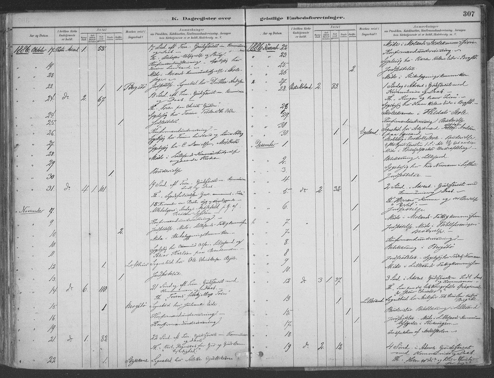 Vestre Moland sokneprestkontor, AV/SAK-1111-0046/F/Fa/Fab/L0009: Parish register (official) no. A 9, 1884-1899, p. 307