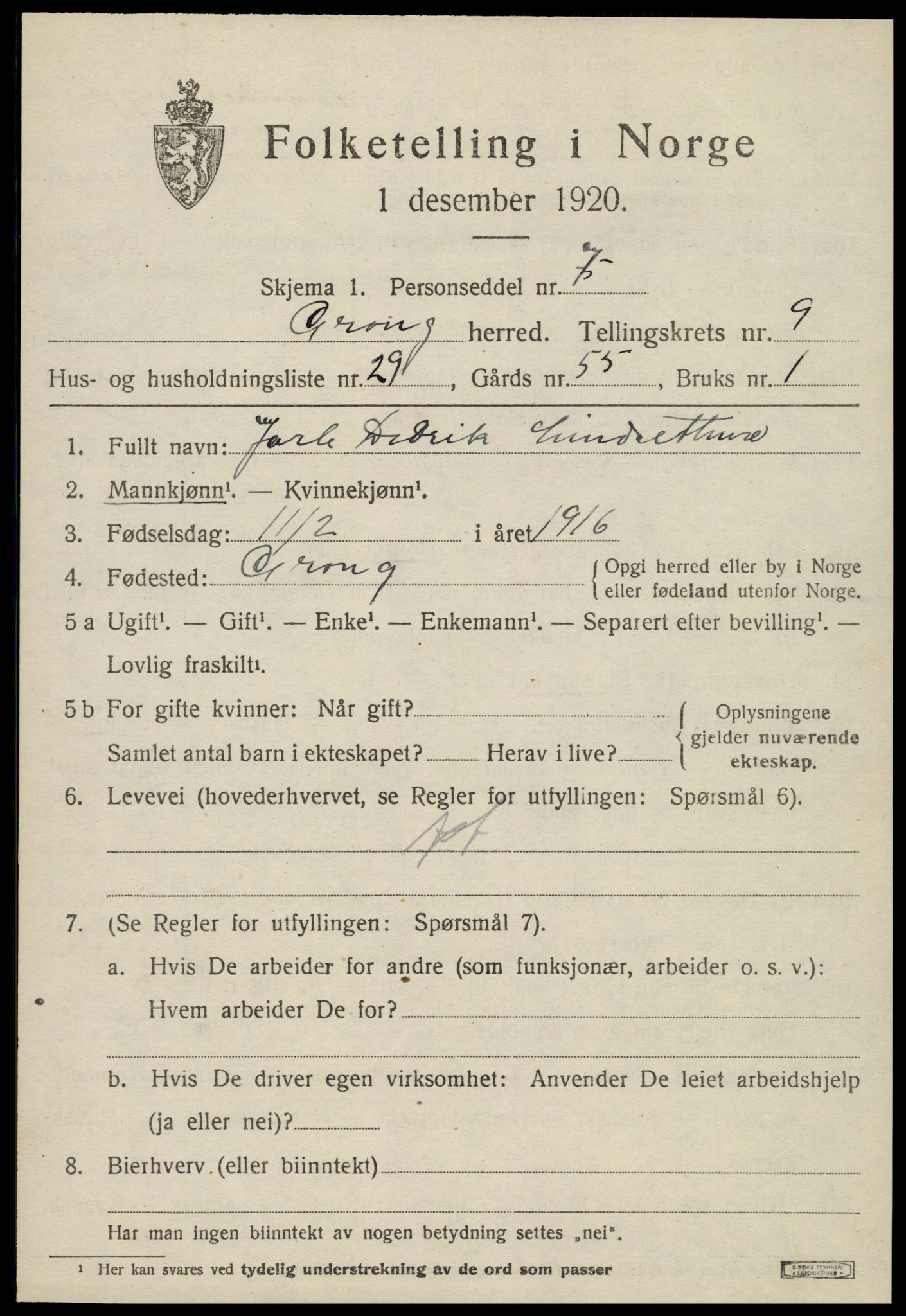 SAT, 1920 census for Grong, 1920, p. 5583