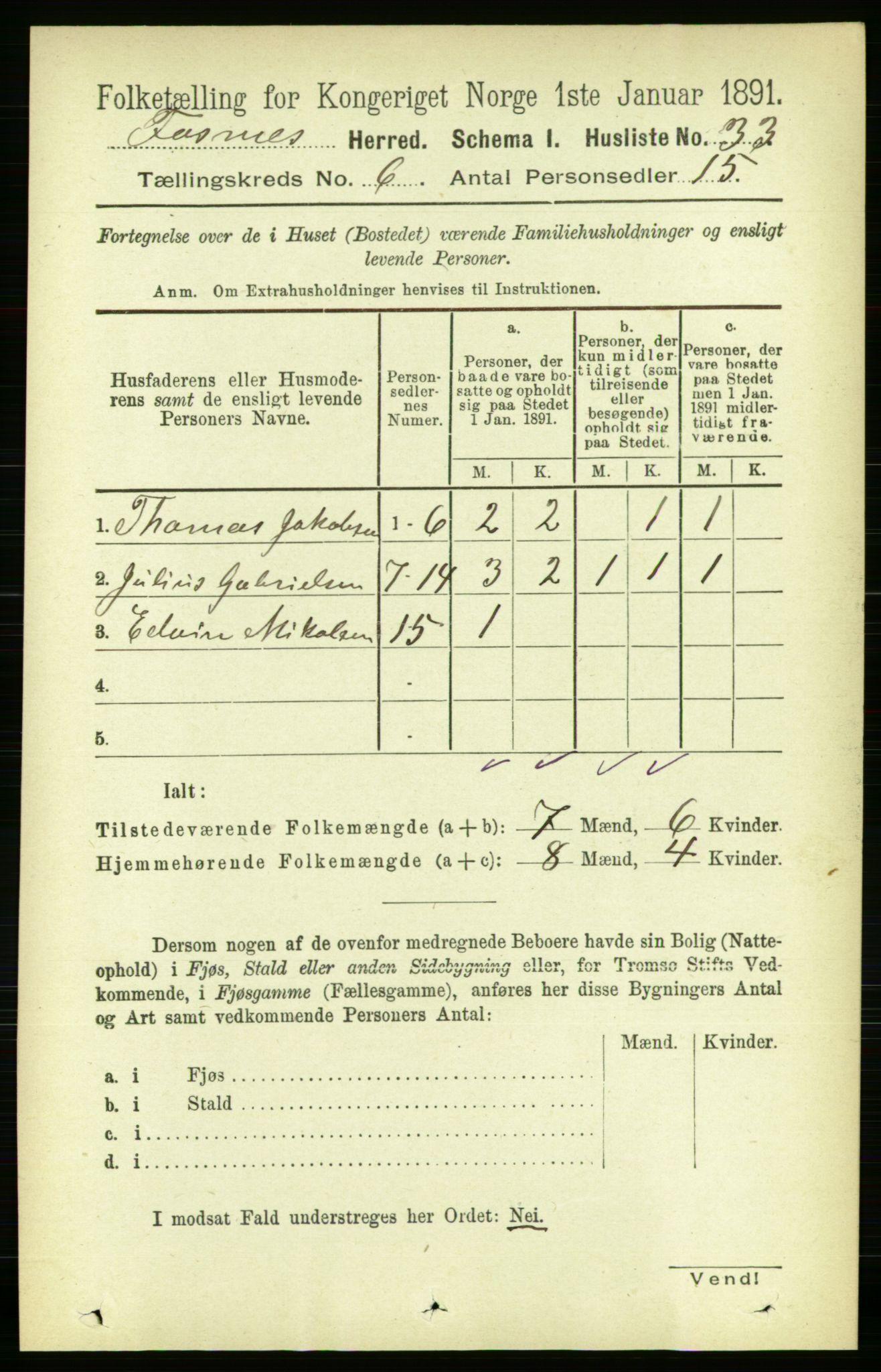 RA, 1891 census for 1748 Fosnes, 1891, p. 2752