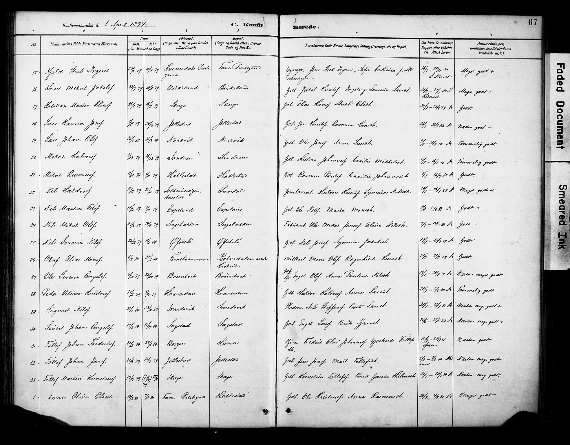 Fana Sokneprestembete, AV/SAB-A-75101/H/Haa/Haab/L0002: Parish register (official) no. B 2, 1890-1897, p. 67