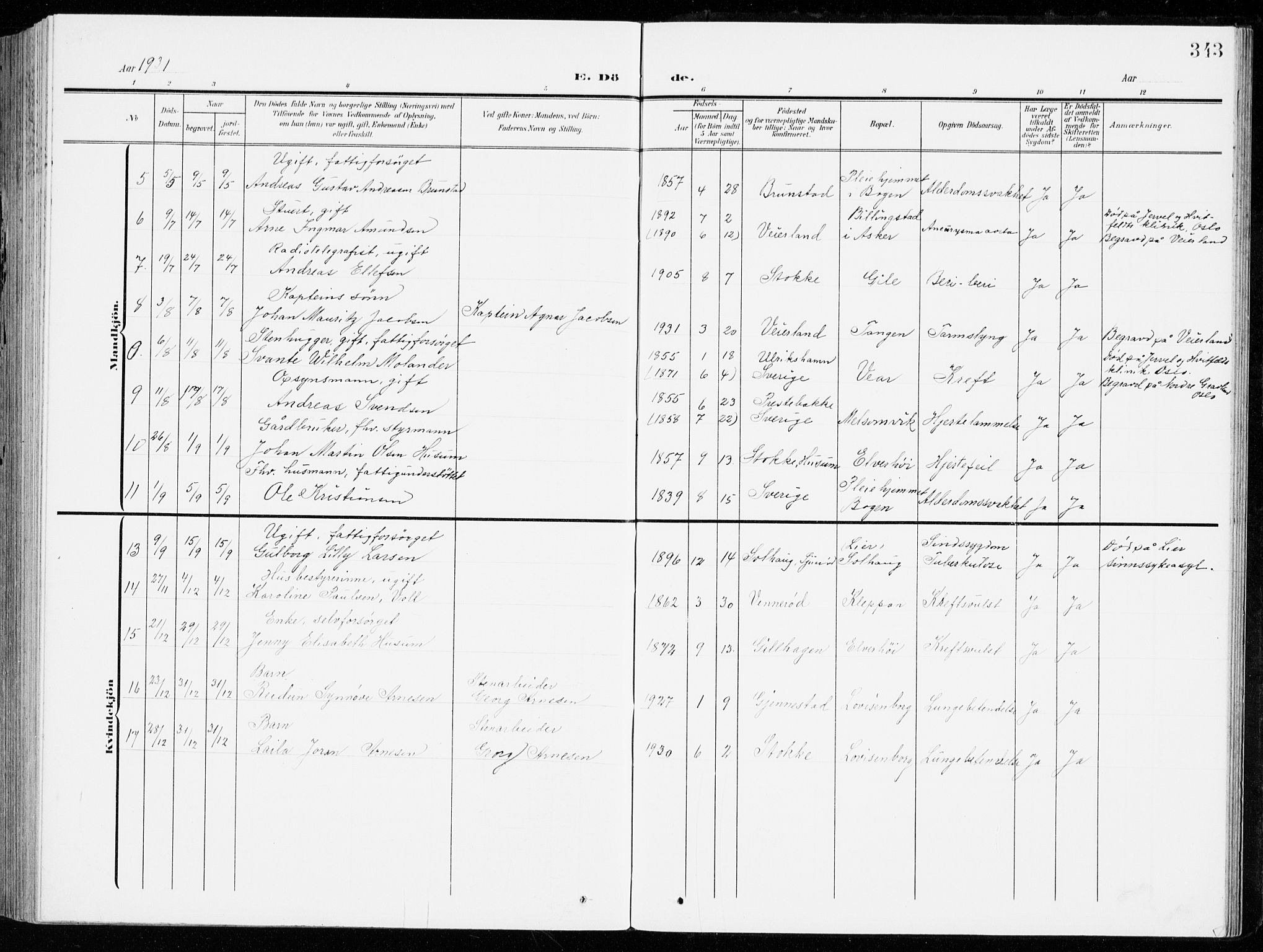 Stokke kirkebøker, AV/SAKO-A-320/G/Ga/L0001: Parish register (copy) no. I 1, 1904-1940, p. 343