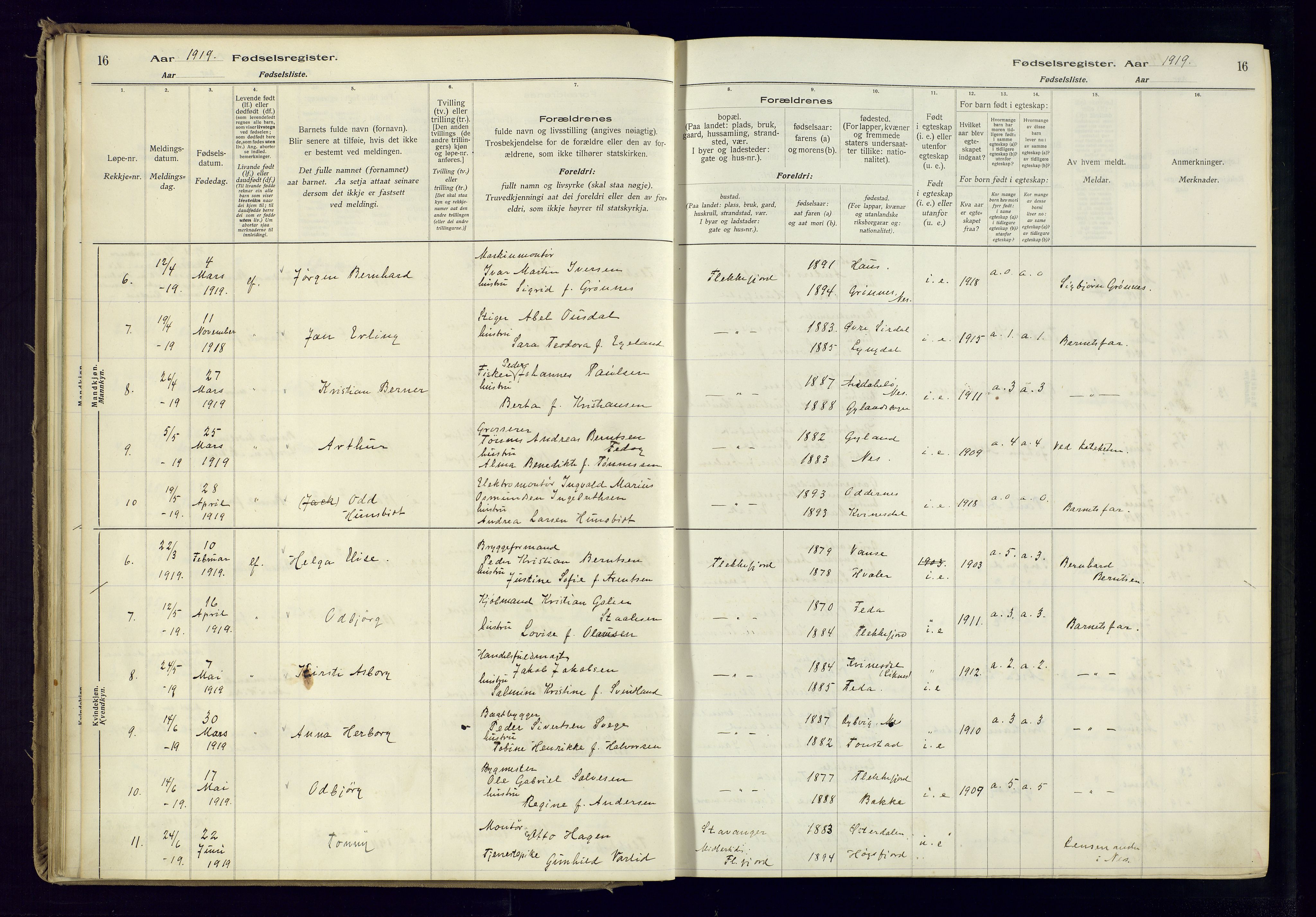 Flekkefjord sokneprestkontor, AV/SAK-1111-0012/J/Ja/L0001: Birth register no. 1, 1916-1948, p. 16