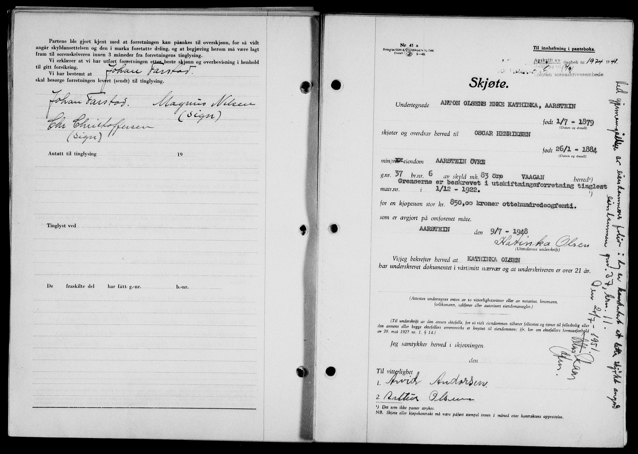 Lofoten sorenskriveri, SAT/A-0017/1/2/2C/L0019a: Mortgage book no. 19a, 1948-1948, Diary no: : 1974/1948